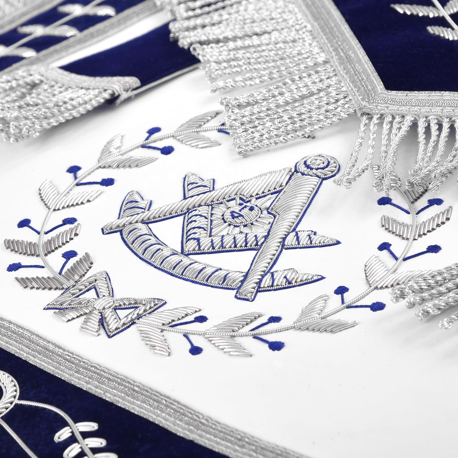 Bricks Masons Past Master Blue Lodge California Regulation Apron - Royal Blue Velvet Silver Bullion With Wreath & Fringe