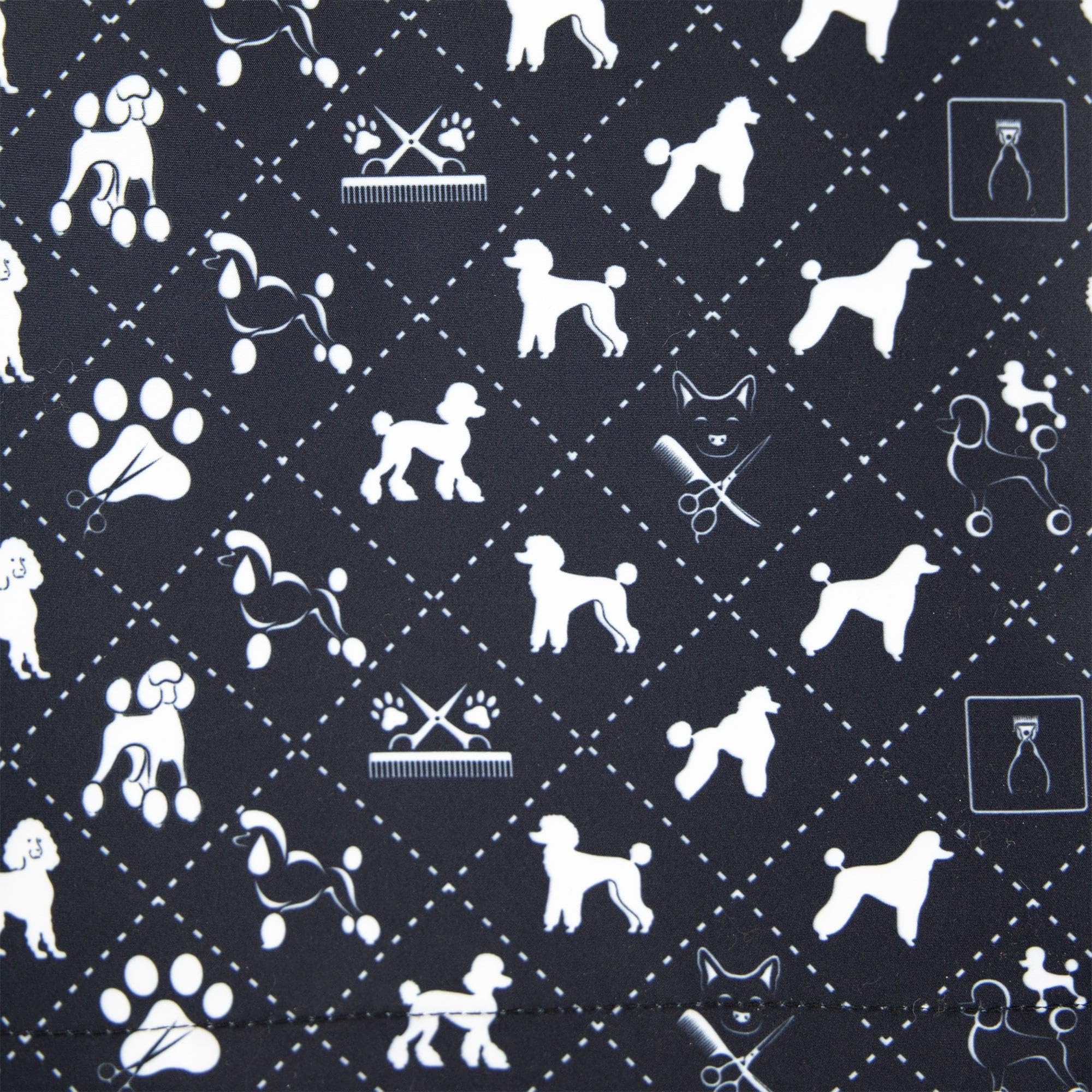 Groomers Dog Grooming V-Neck Tunic - Hair-Resistant & Lightweight - Machine Washable & Quick Drying - Unisex Short Sleeve Workwear (UK, Alpha, M, Regular, Regular, Poodle Print)