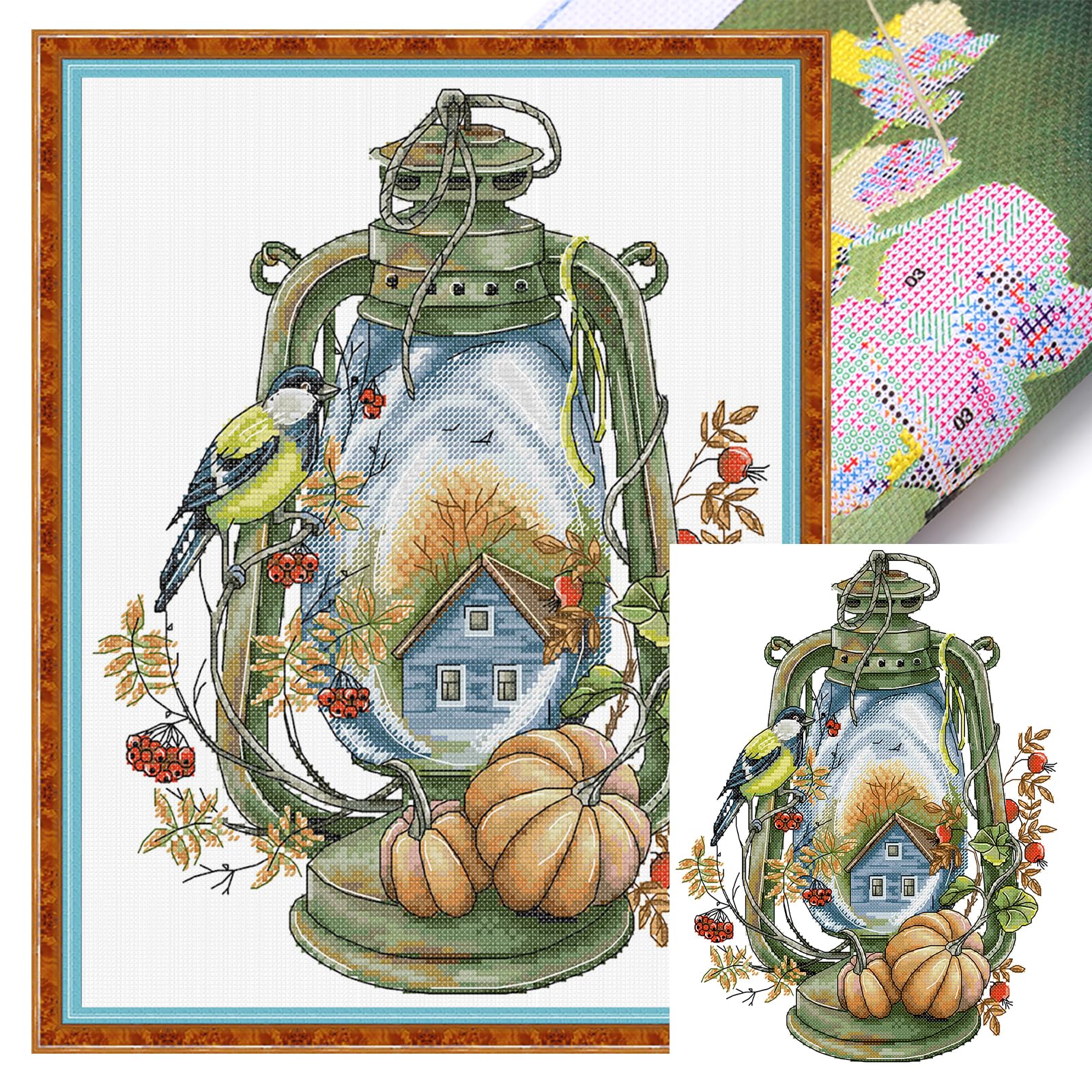 Poetrydraw Dg109 Autumn Bird Lantern Full 14Ct Diy Stamped Embroidery Needlepoint Starter Kits For Adults Home Decor (Dg109)
