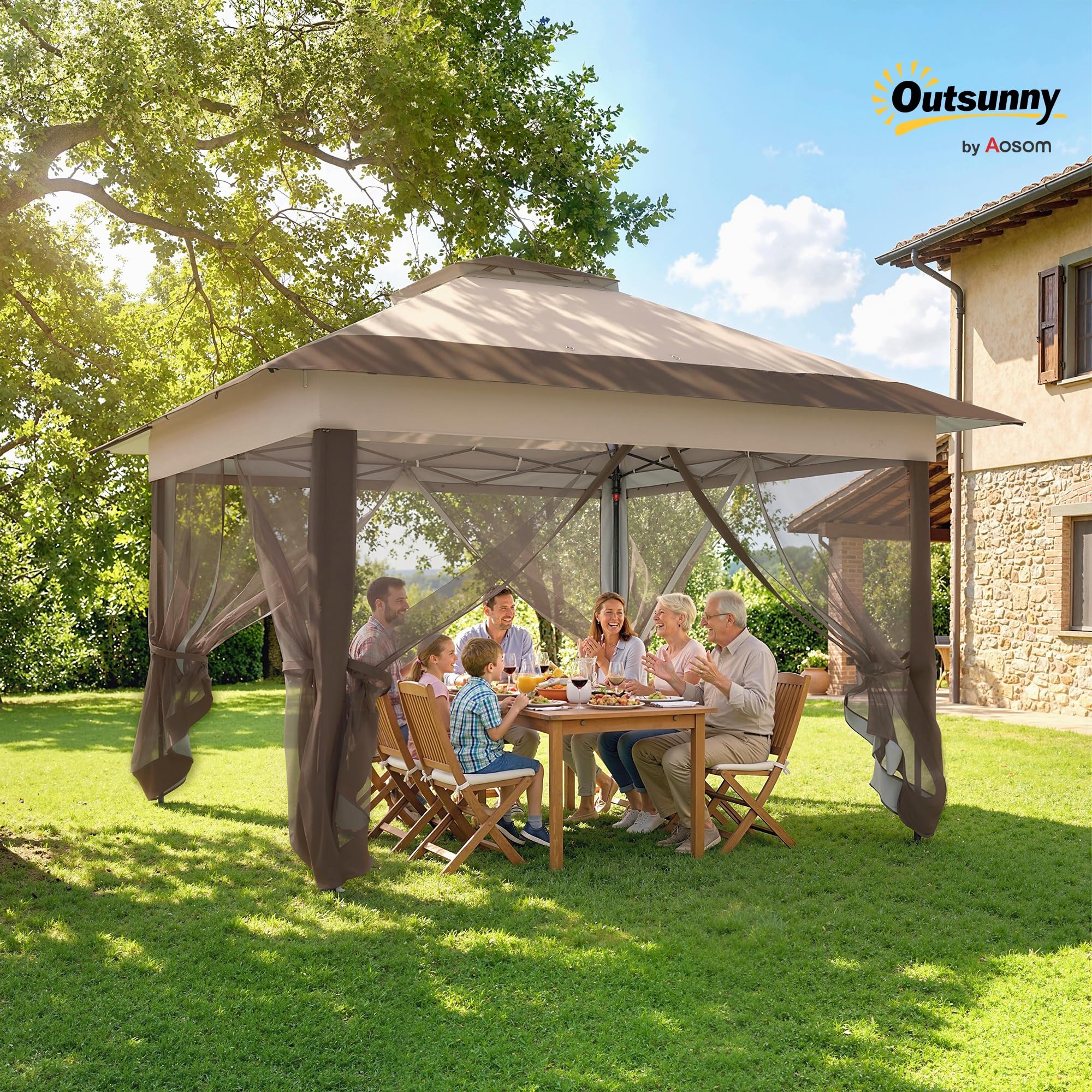 Outsunny Tonnelle de Jardin Extérieur Pliante 3,6x3,6m Kaki Marron