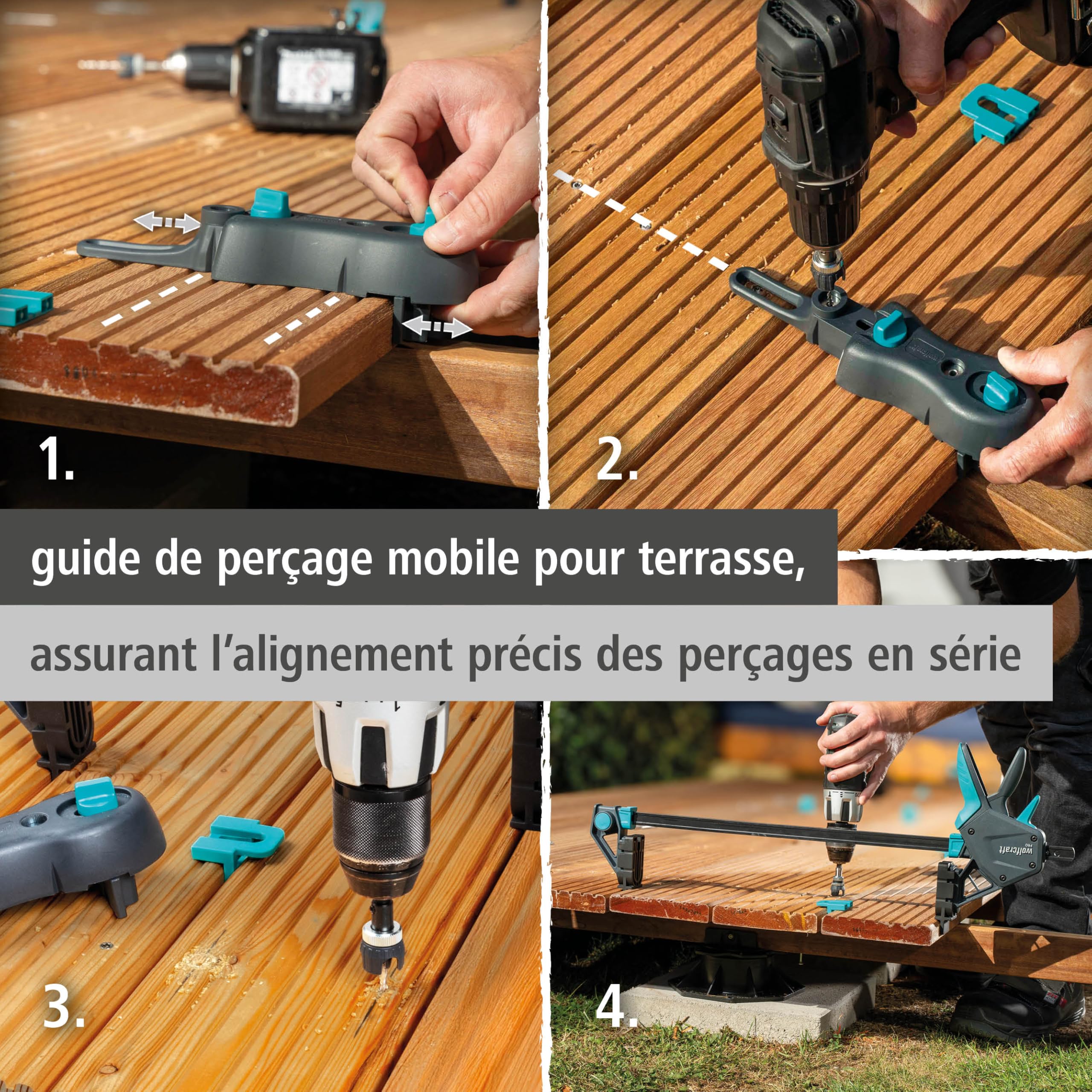Wolfcraft Kit de construction de terrasse 11 pièces - Serre-joint, Patins, Espaceurs, Guide de perçage, Foret, Clé Allen