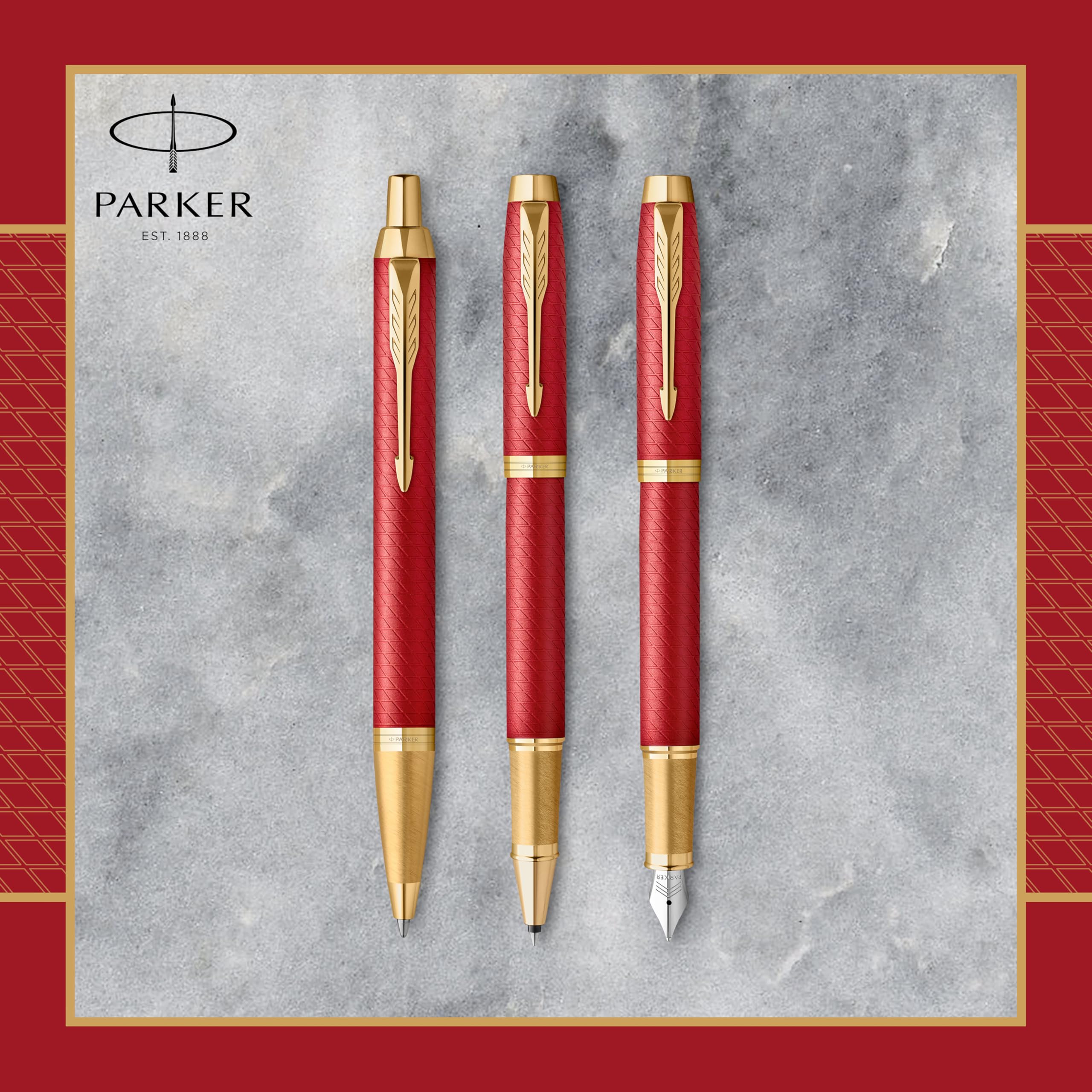 Parker IM stylo bille - Laqué rouge Premium avec attributs dorés - Pointe moyenne avec recharge d’encre bleue - Coffret cadeau