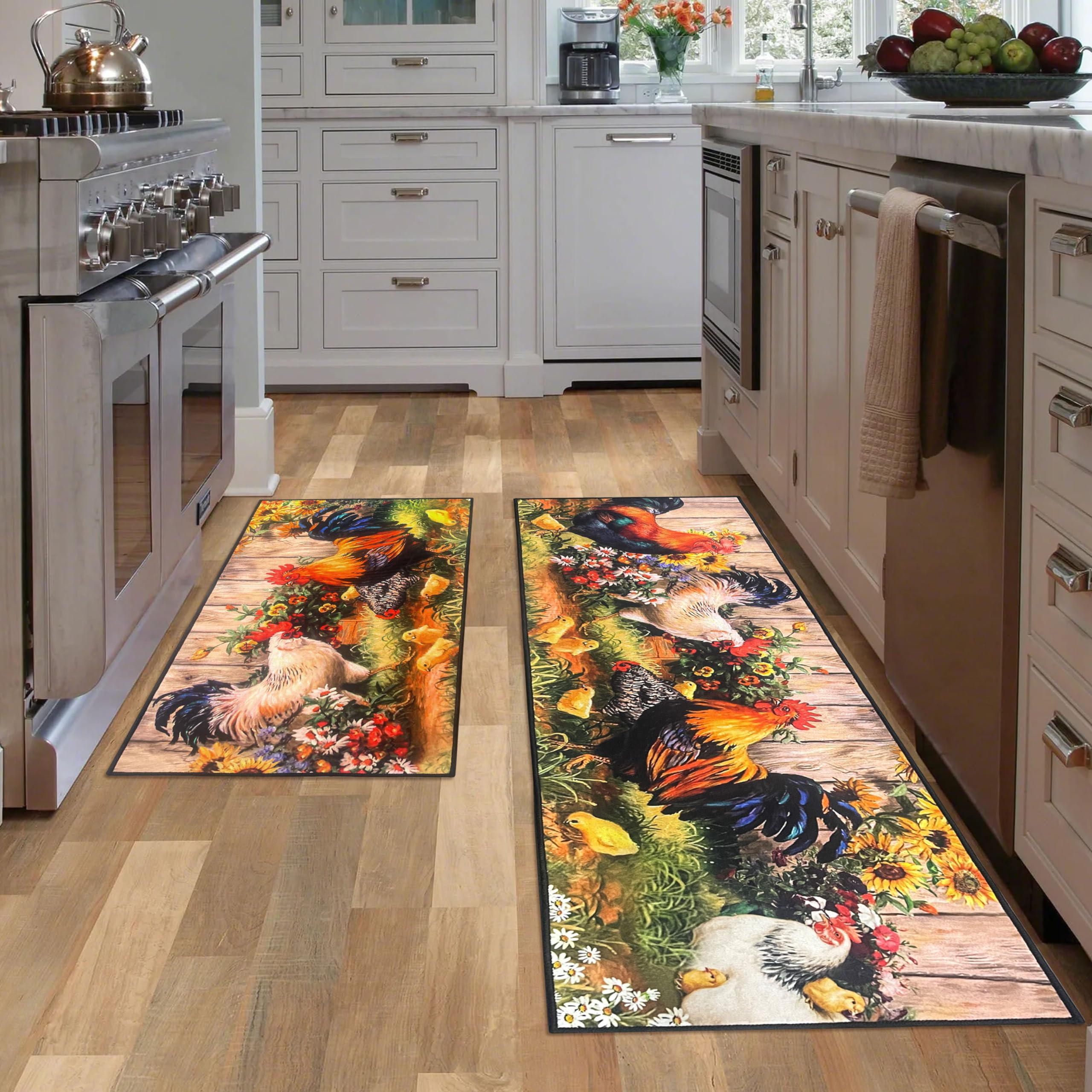 Tapis De Cuisine Rustique Motif Poulet 40,6 X 119,4 Cm - Lavable Antidérapant Confortable