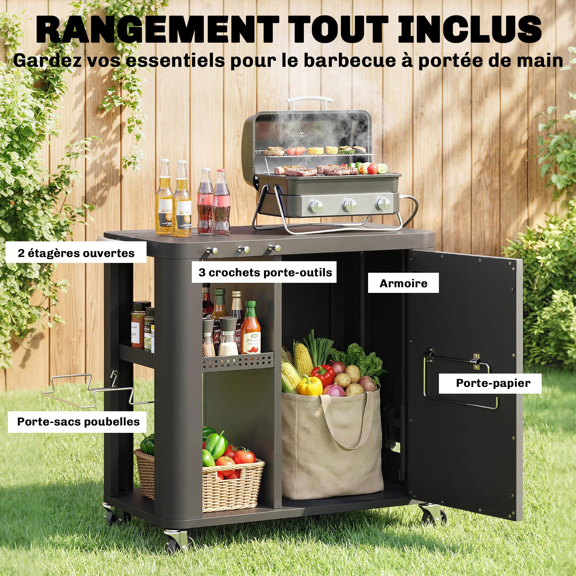Outsunny Desserte jardin chariot de barbecue sur roulettes îlot de cuisine avec table latérale pliable placard étagères ouvertes porte-papier support sacs poubelle trois crochets 166 x 54 x 88 cm noir