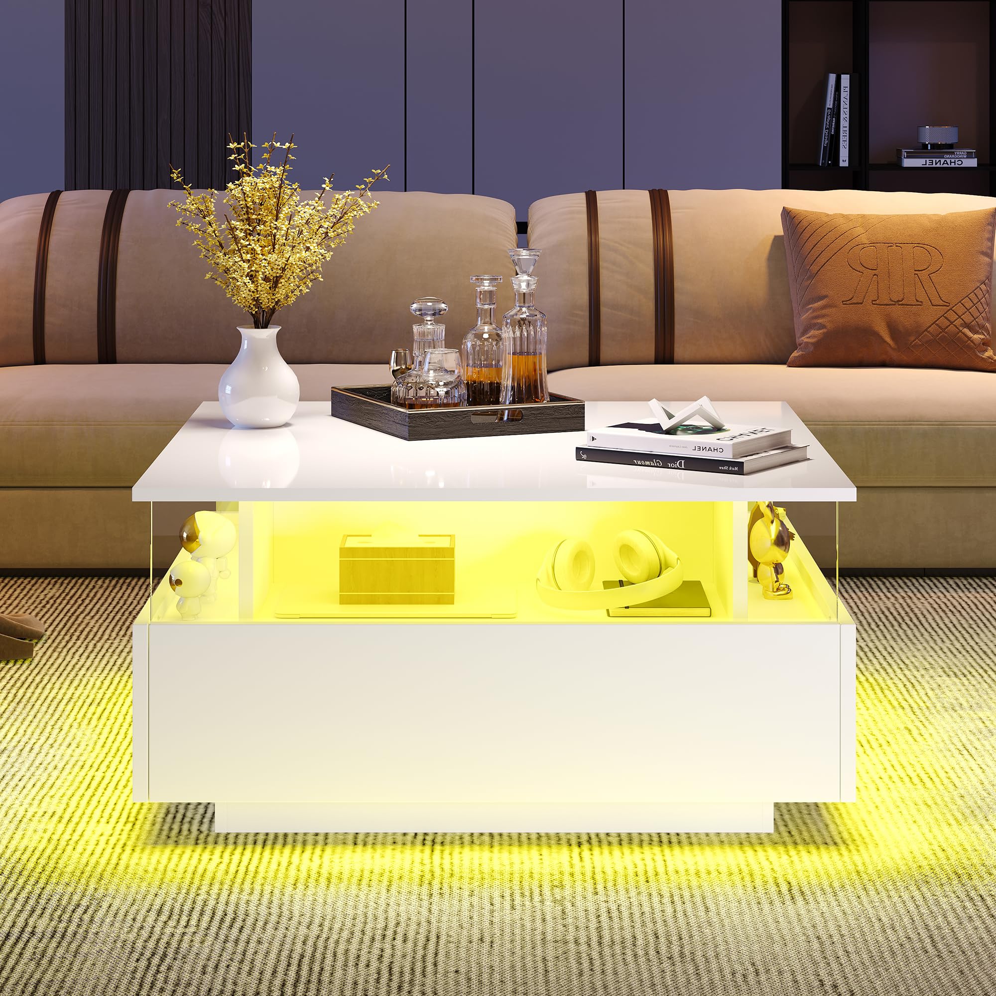 SACOOL Mesa de centro LED de 70 x 70 x 41 cm con 2 cajones y área de presentación transparente. Soporta hasta 30 kg, ideal para salas de estar elegantes