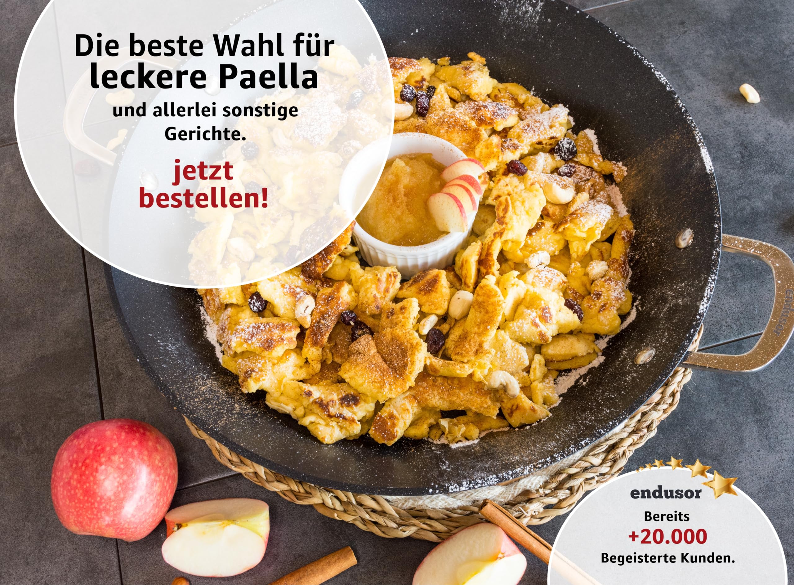 endusor Paella Pfanne INDUKTION Ø 38cm mit Antihaft-Beschichtung | 6-8 Personen | alle Herdarten + Backofen + Gasgrill | Professionelle Paellapfanne aus hochwertigem Aluminium