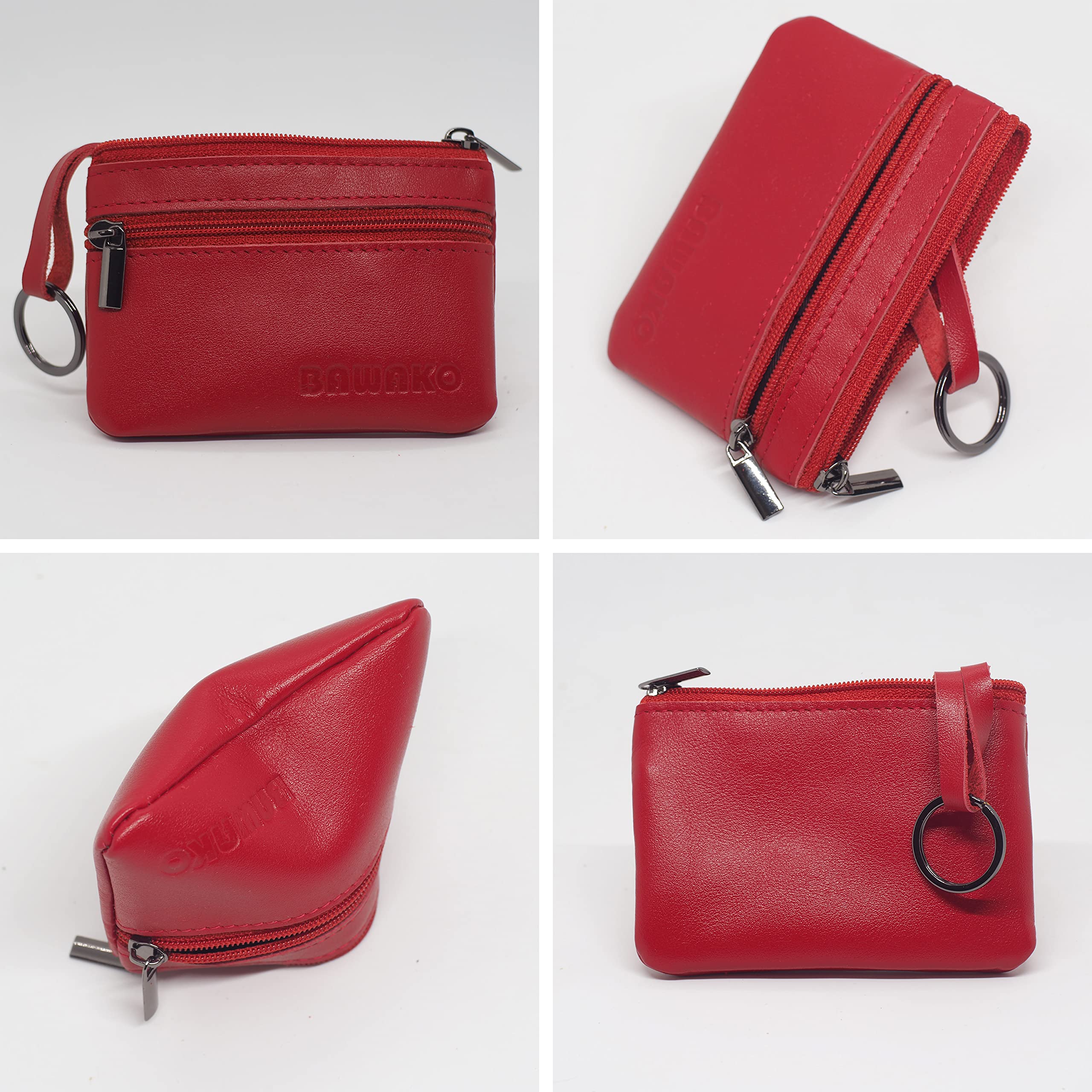 Bawako - Portamonete in vera pelle, portafoglio portamonete piccolo, con 2 scomparti, cerniera e portachiavi, per uomo e donna, Colore: rosso, 10 cm * 7 cm, Classico