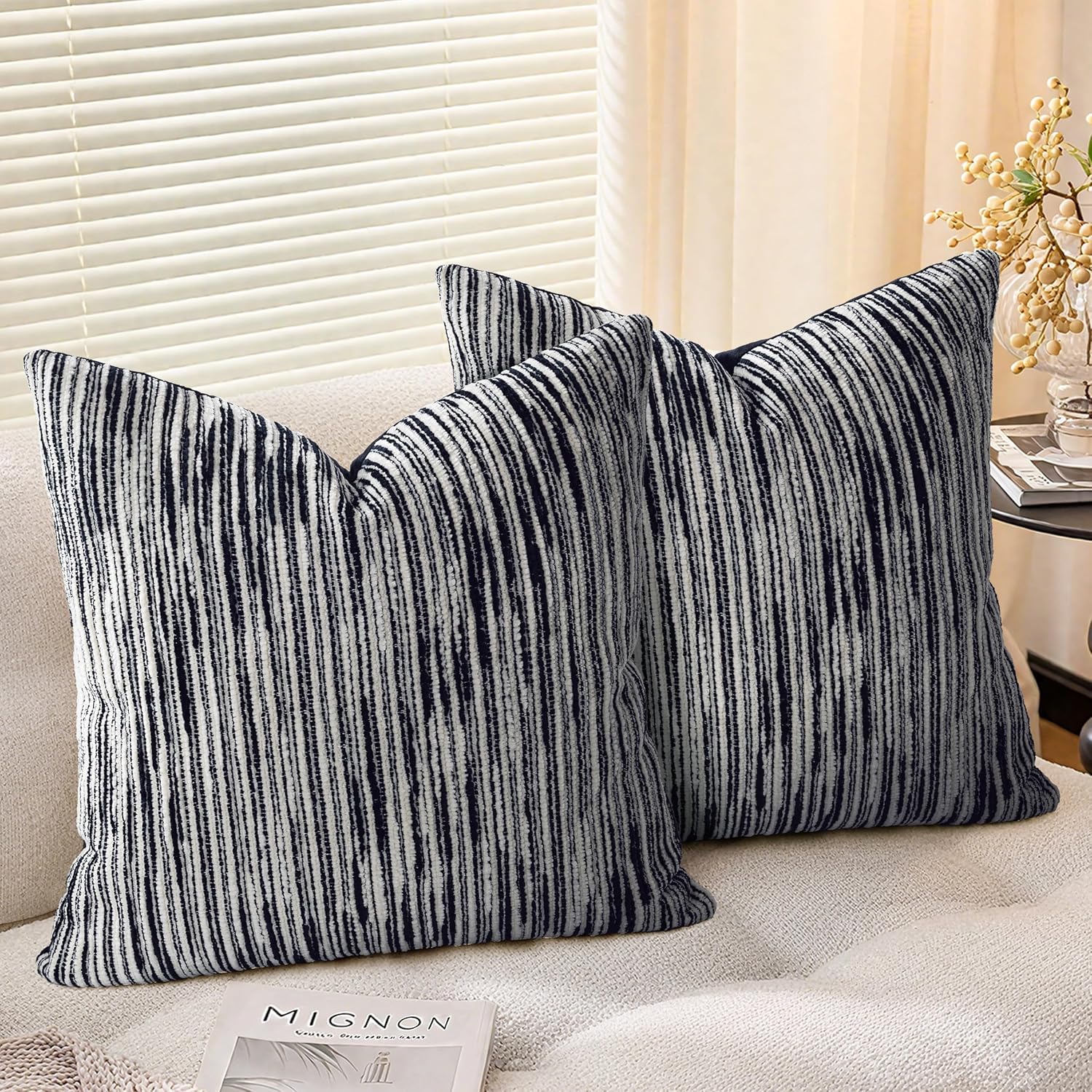 AELS 20x20 Decorative Farmhouse Throw Pillow Covers, Chenille Striped Pillow Case, Set of 2, Boho Textured Cushion Cover for Sofa Couch Living Room (Cover ONLY), Black and White