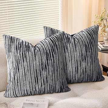 AELS 20x20 Decorative Farmhouse Throw Pillow Covers, Chenille Striped Pillow Case, Set of 2, Boho Textured Cushion Cover for Sofa Couch Living Room Cover ONLY, Black and White
