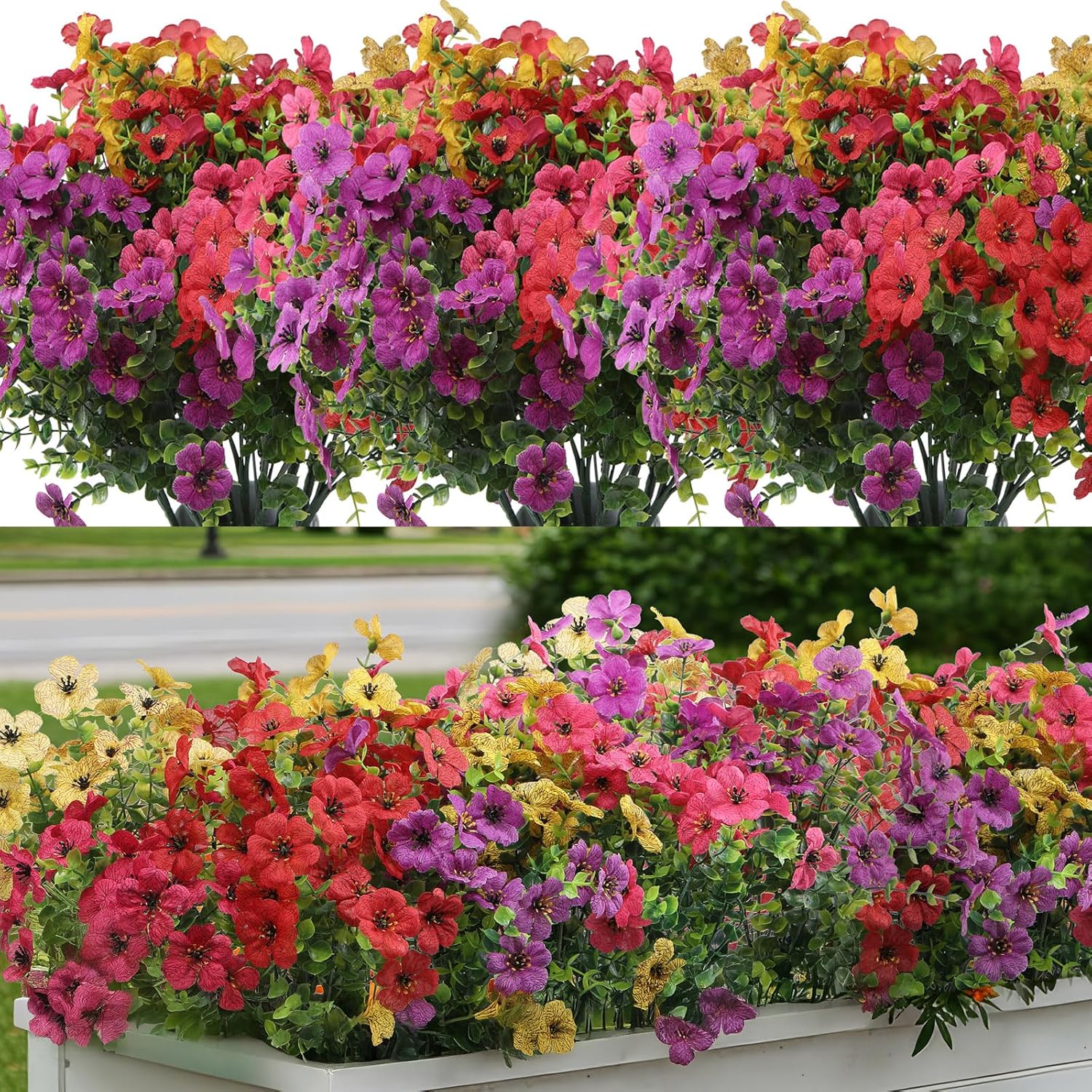 Artificial Flowers for Outdoors 24 Bundles, UV Resistant Colorful Fake Silk Flower Outdoor Planter Garden Decor Indoor Decorations