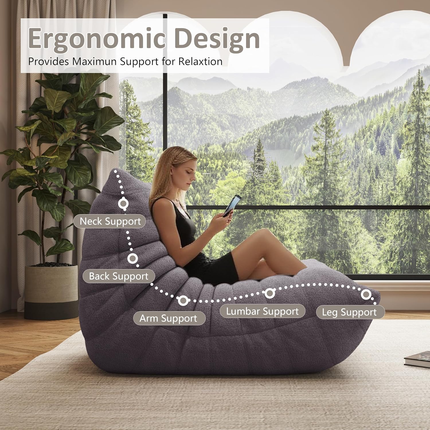 Bean Bag Chairs for Adults, Memory Foam Reading Bean Bag Sofa Chair with Faux Fur Filler, Fireside Floor Gaming Chairs for Living Room, Bedroom and Office (Gray, Small)