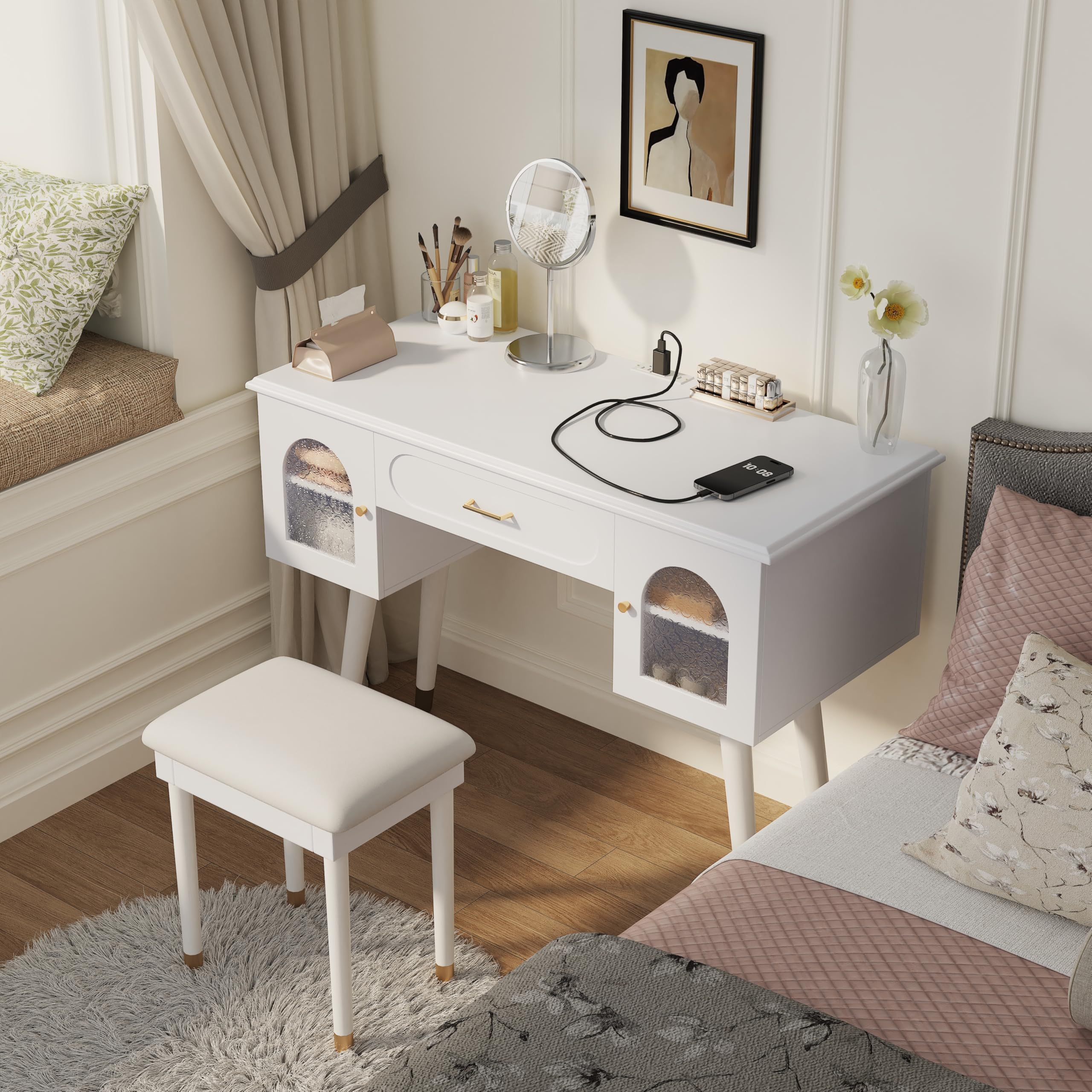 Dresser Vanity Table and Chair Set, Modern Dresser with Organizer, Writing Desk and Charging Port, White