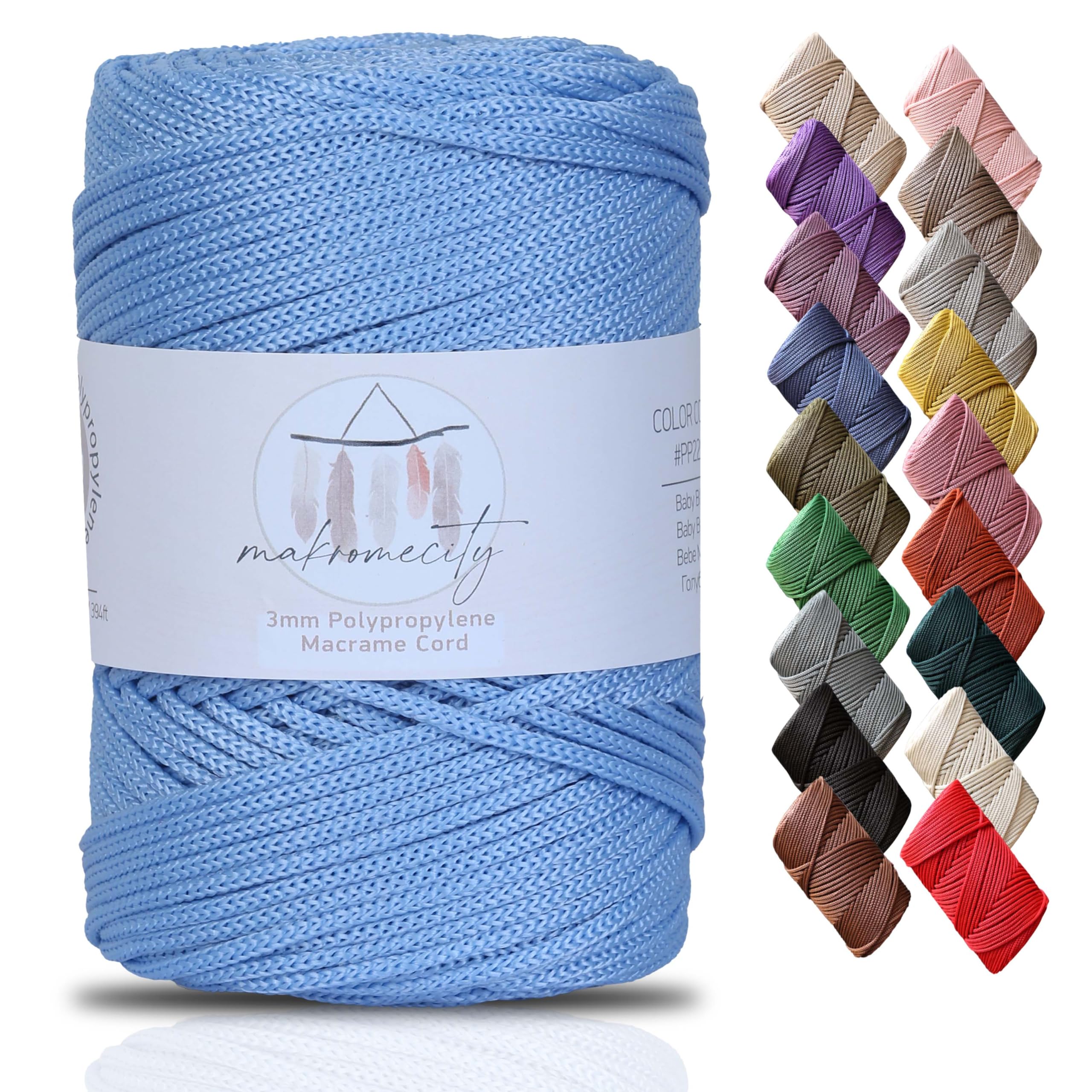 Makromecity Premium Polyester Macrame Cord, 3mm x 131 Yards (394 feet), Baby Blue, Perfect for Wall Hangings, Bags, Underplate, Rug
