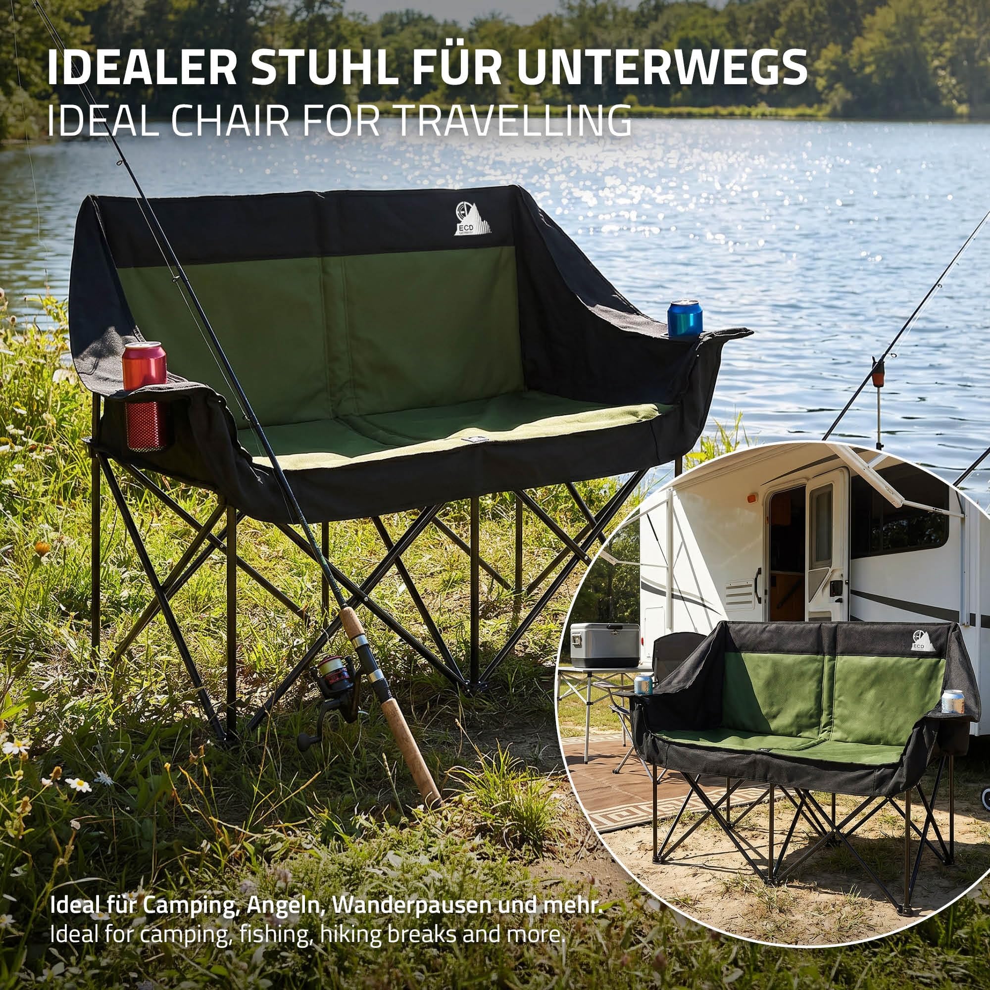 ECD Germany Podwójny Fotel Campingowy Khaki, Krzeslo Outdoor 2 Osobowe z Metalowa Konstrukcja, Skladana Sofa Turystyczna z Uchwytami na Napoje i Torba, Wyscielane Siedzisko na Camping i Wedkowanie