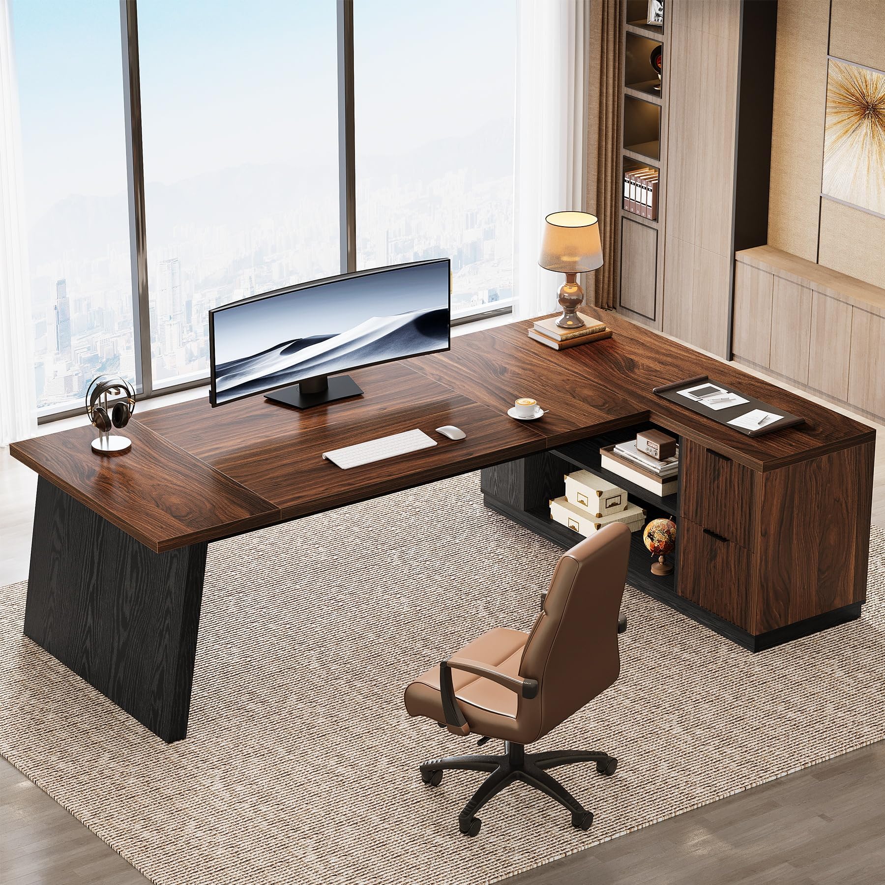 Tribesigns 78-Inch L-Shaped Executive Desk, Large Computer Desk with 2 Drawers and Storage Shelves, Business Furniture Workstation for Home & Office (Brown and Black)