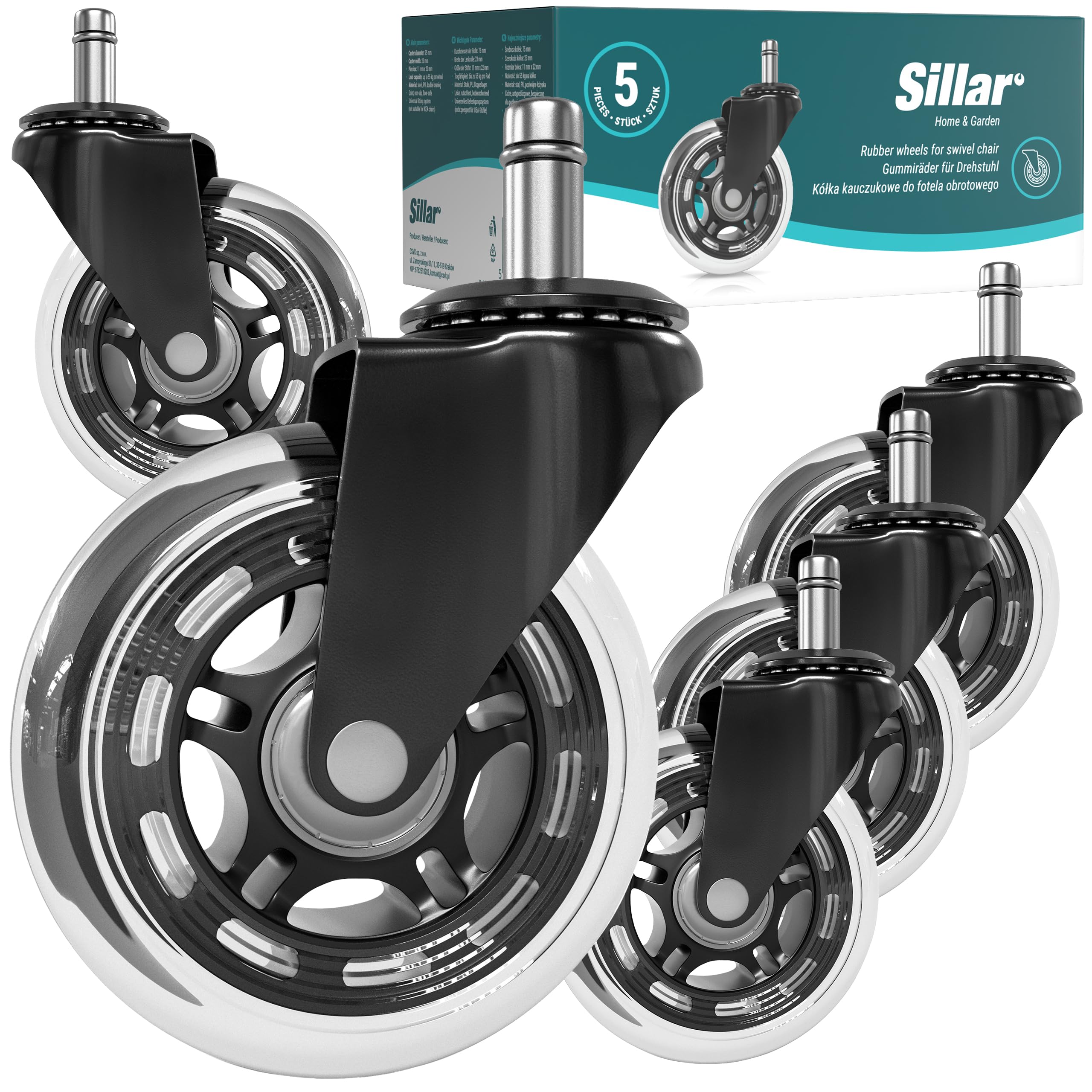 Sillar 5 Pieces Casters for Gaming Chair Office Double Wheel Design Universal Safe Quiet and Scratch Free Replacement Polyurethane Not Compatible with IKEA Black 11x22MM