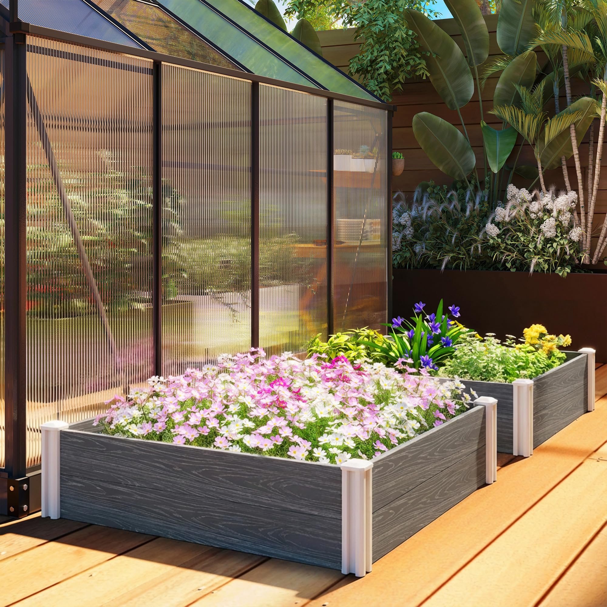 Outsunny Letto Rialzato da Giardino in Vinile, 102x102x33 cm, Kit Modulare con Gambe ad Incastro e Fondo Aperto, Fioriera Orto Rialzato da Esterno per Fiori, Erbe e Verdure, Grigio Scuro