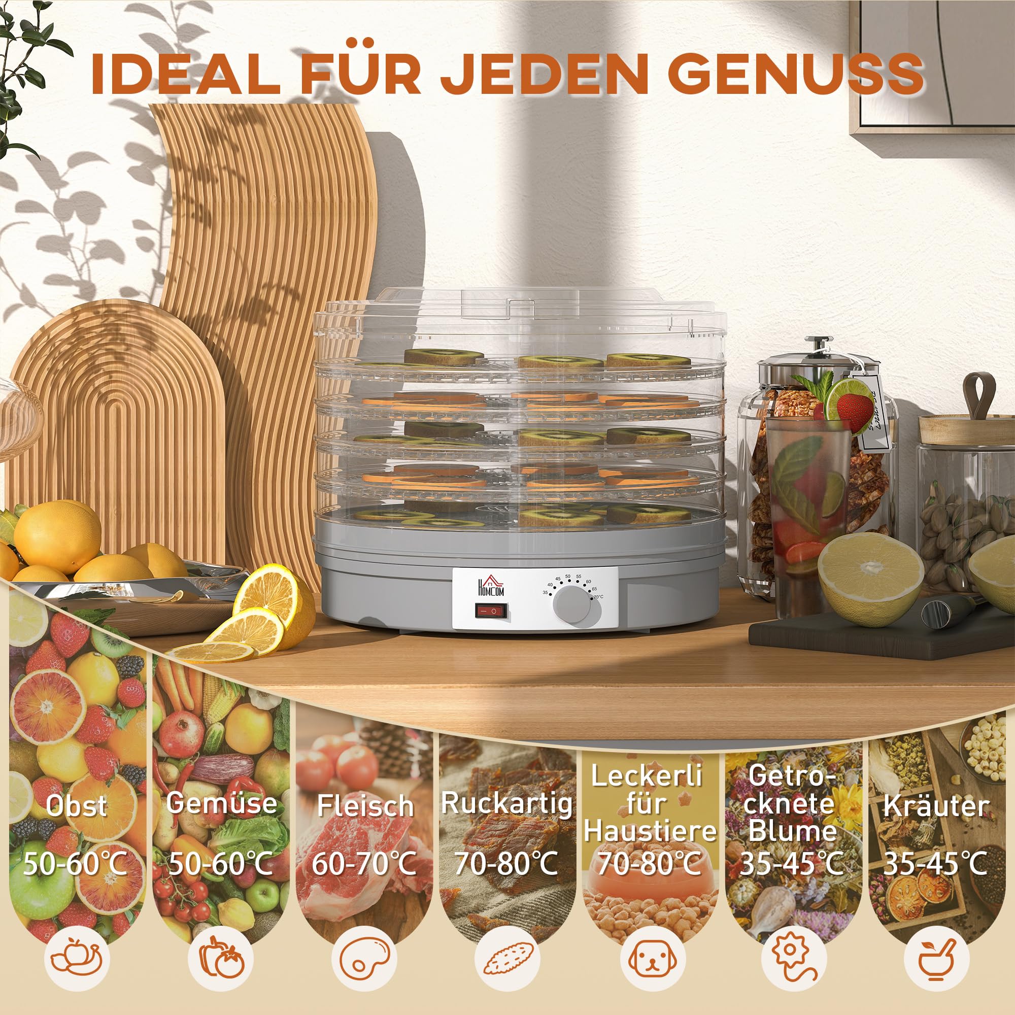 HOMCOM Dörrautomat Dörrgerät, 245 W, 35-70°C Temperaturregler, 5 Einlegefächer, Dehydrator für Lebensmittel, Obst, Fleisch, Gemüse, Blumen, BPA frei