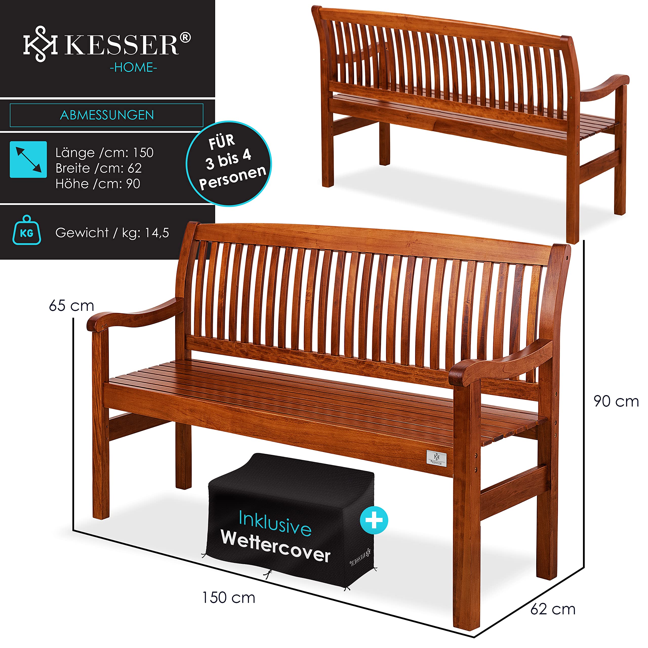 KESSER® Banc de jardin en bois résistant aux intempéries - 150 cm - 3 à 4 places - Banc de balcon en bois massif - Charge maximale : 320 kg - Pour jardin, terrasse et balcon - Avec housse - Marron
