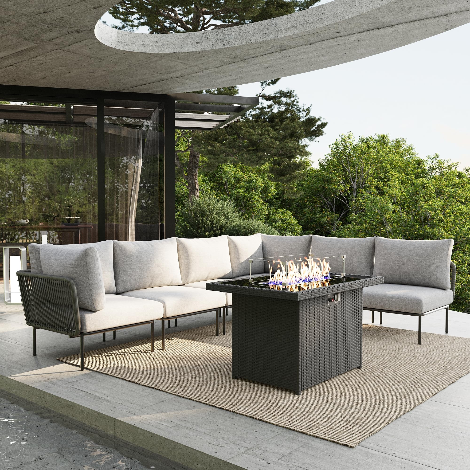 Vakollia 7 Piece Modern Outdoor Rope Wicker Sectional Patio L-Shaped Conversation Sofa Set Deep Seating with Fire Pit Table