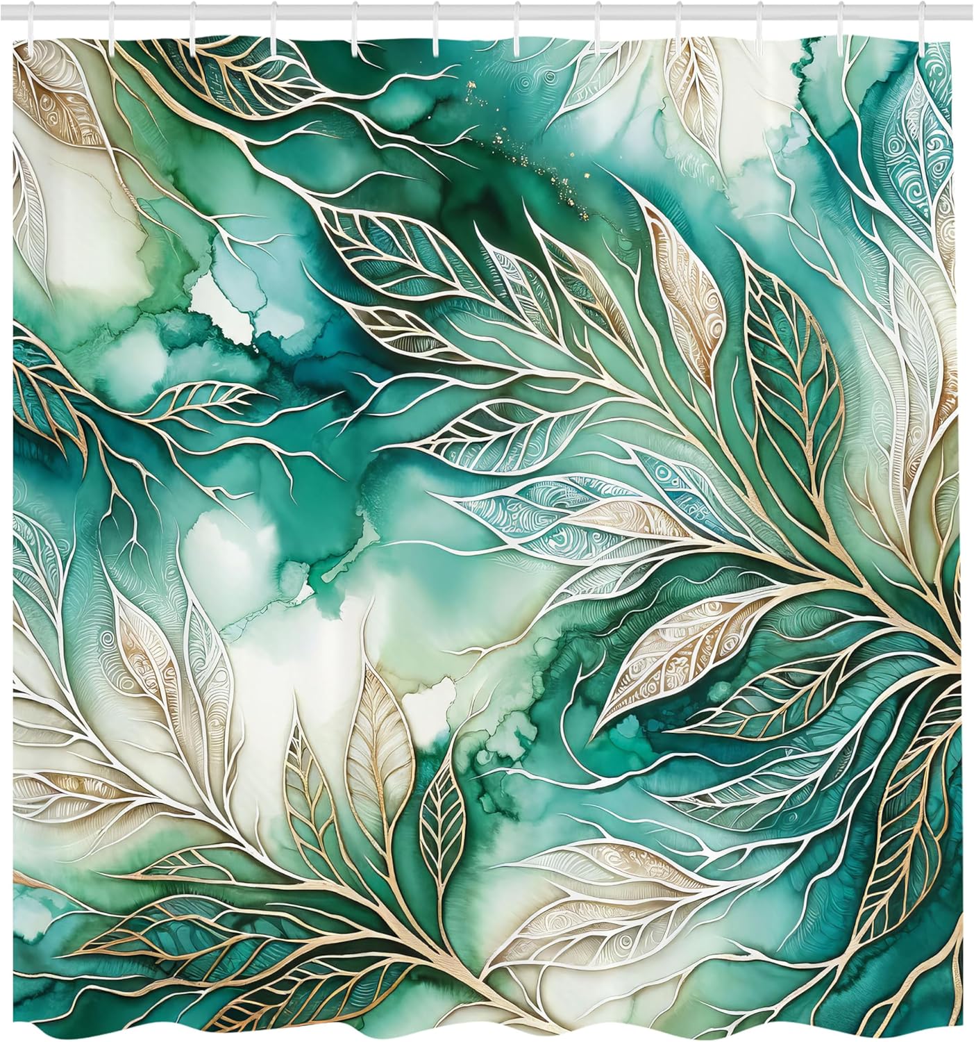 Ambesonne Teal Shower Curtain, Greenery Marble Print Look Atmosphere with Gold Yellow Tone Leafy Lines, Cloth Fabric Bathroom Decor Set with Hooks, 69" W x 84" L, Dark Seafoam Dark Khaki