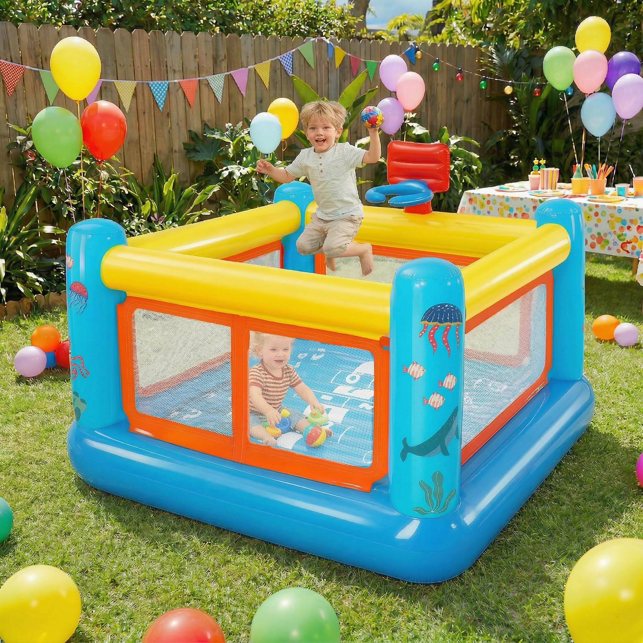 AKEYDIY Bounce House for Kids 3-6, Small Inflatable Bounce House PVC with Basketball Hoop & Hopscotch Game for Indoor/Outdoor Play (Small Bounce House