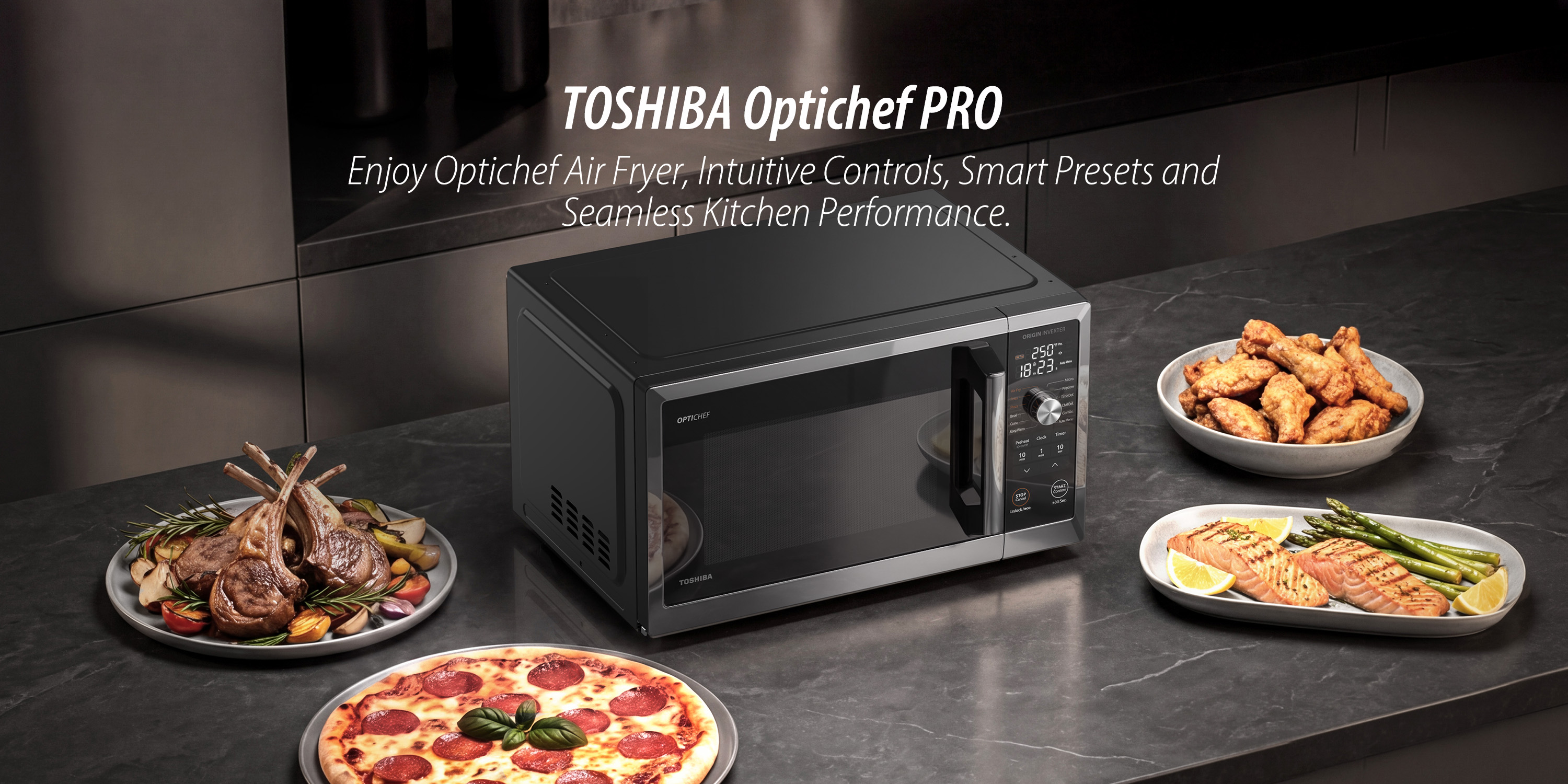 Image of TOSHIBA Optichef Pro Air Fryer Combo Countertop Microwave Oven with Origin Inverter, ChefDefrost, 1.0 Cu.ft., 1000W, Black Stainless Steel, ML2-EC10SAITC(BS)