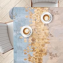 KP HOME Nappe Rectangulaire en PVC Beige – Motif Artistique Doré Et Bleu – Taille 200x140 Cm – Housse De Table Plastique À Effet Brillant – Nappe Toile Cirée Vinyle Imperméable Et Lavable
