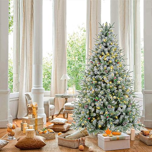 Miniatura 6 de SHareconn Árbol de Navidad artificial preiluminado de 6 pies con 330 luces blancas cálidas y multicolor puntas flocadas de nieve conos de pino y