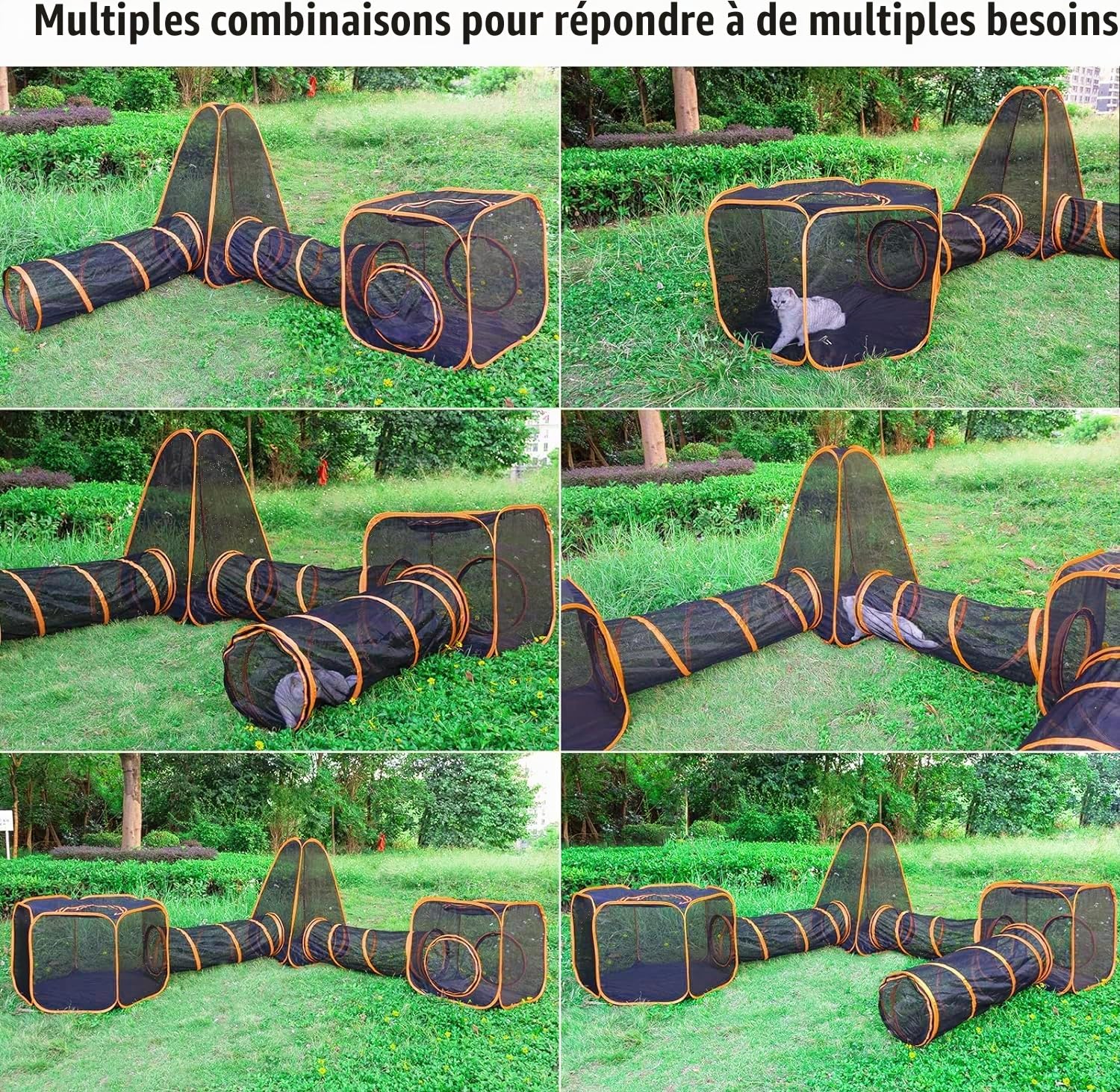 Homegroove Enclos d'extérieur pour chats d'intérieur, maison de jeu portable 6 en 1 (tente extérieure pour chat et tunnel circulaire pour chat) pour chats et petits animaux, parc d'intérieur avec sac