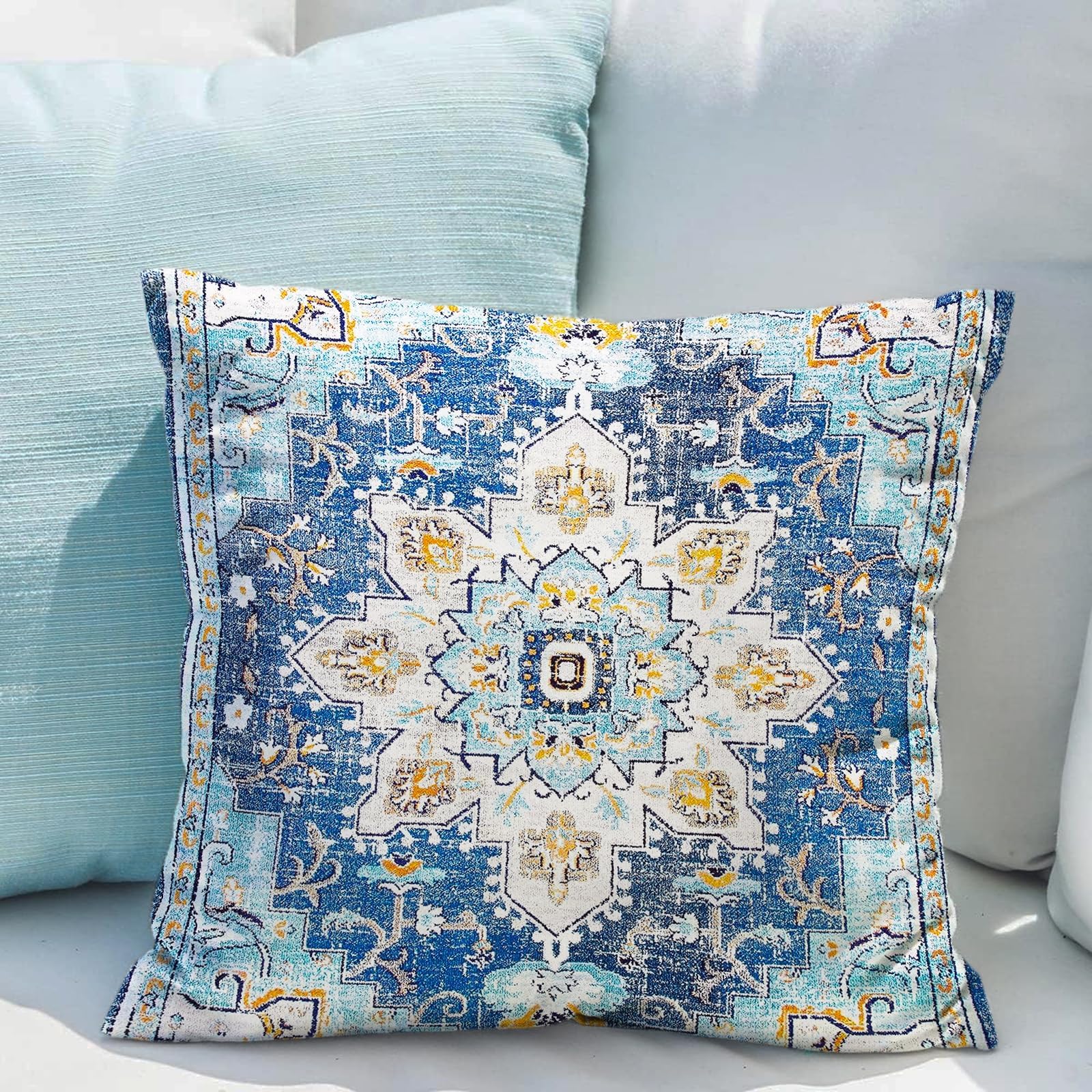 Snylcce Set of 2 Bohemian Style Cushion Covers 60x60 cm Decorative Square Throw Pillow Covers 24x24 Inch Sofa Car Pillowcase for Outdoor Home Bed Living Room Couch Decor (Blue boho) - Image 4