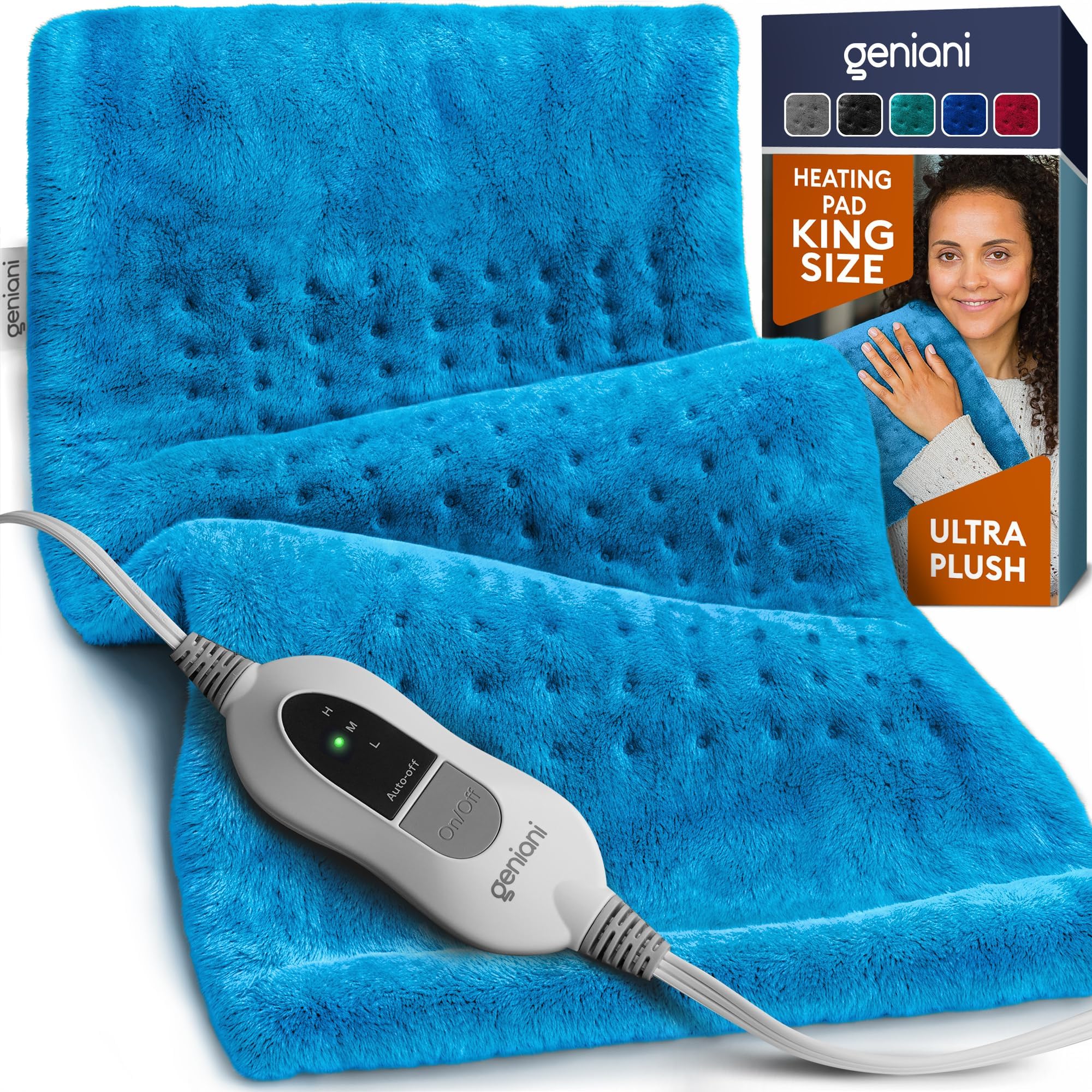 - GENIANI Electric Heating Pad for Back Pain & Cramps Relief, Electric Throw, Self Care Gifts for Women, Heating Pad for Neck & Shoulder, Machine Washable Microplush, Auto Shut Off (12×24", Aqua Blue)