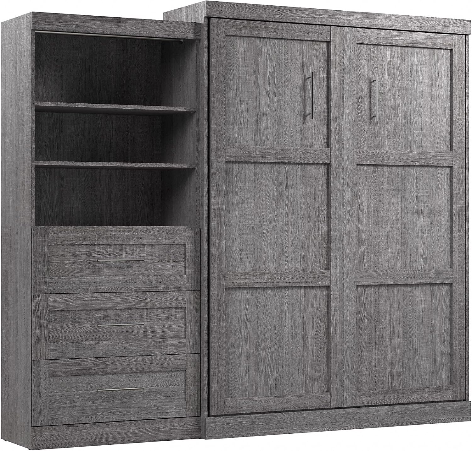 Bestar Pur Queen Murphy Bed and Shelving Unit with Drawers, 101-inch Space-Saving Wall Bed