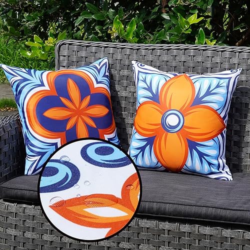 Miniatura 2 de ONWAY Juego de 4 fundas de almohada impermeables para exteriores de 18 x 18 pulgadas, diseño floral, bohemio, fundas decorativas para cojín de