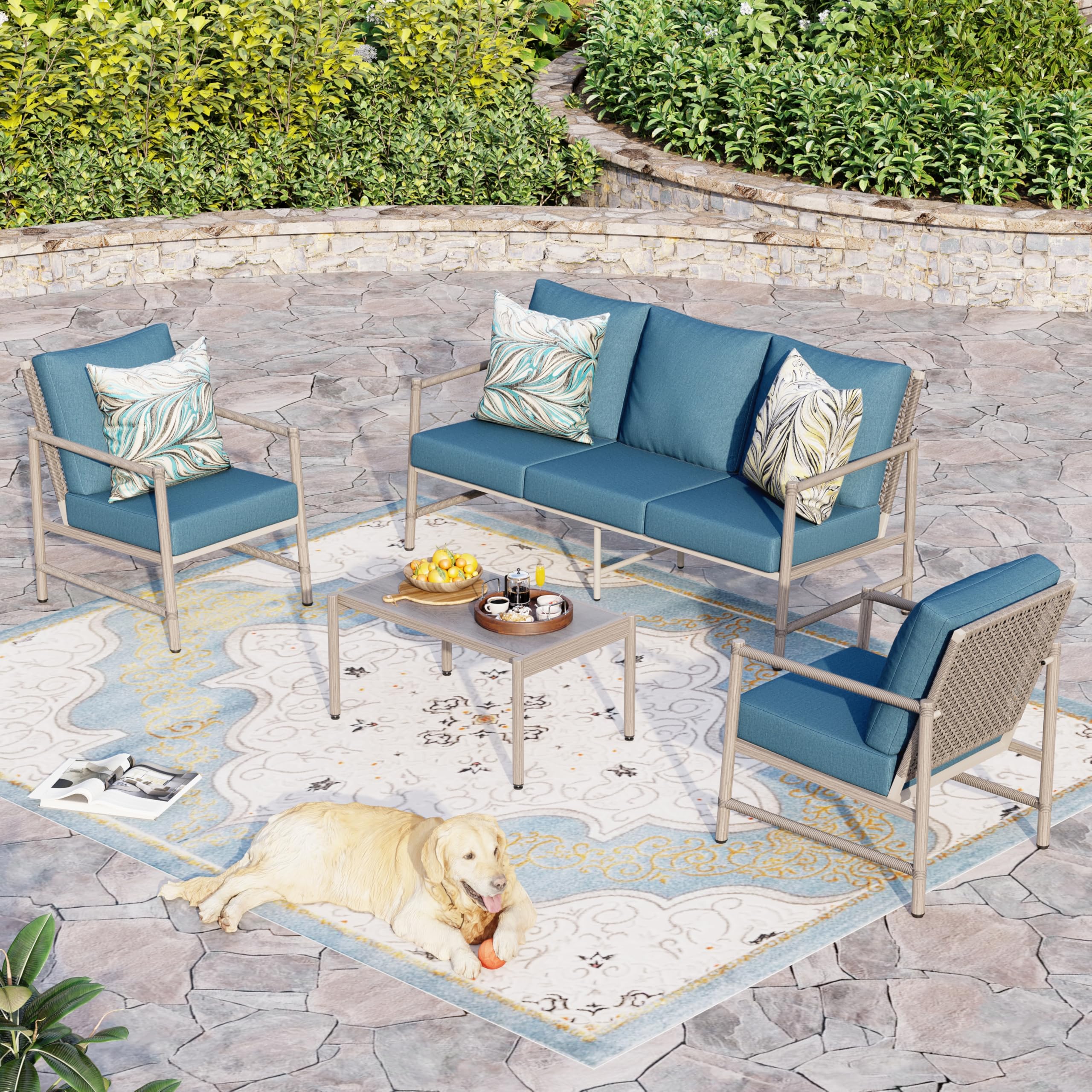 Sophia & William 4-Piece Outdoor Wicker Patio Conversation Set, 3-Seat Sofa, 2 Fixed Sofa Chairs, 31" Coffee Table, Patio Furniture for Poolside,