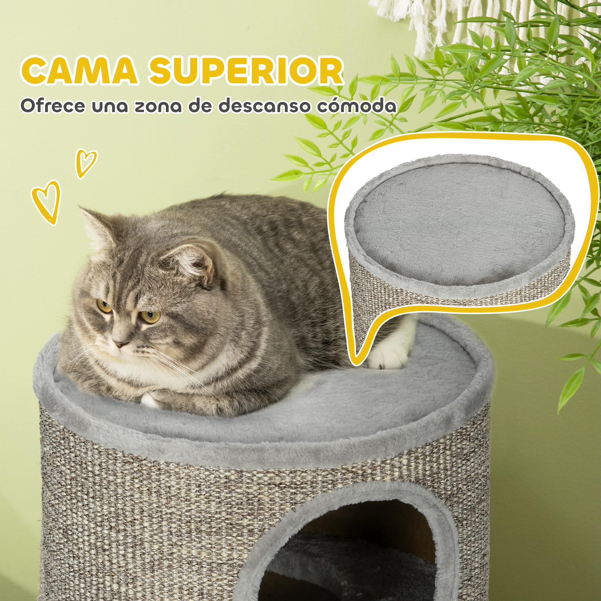 PawHut Barril Rascador para Gatos de 3 Niveles Torre Rascador para Gatos con 3 Entradas y Cubierta de Sisal Ø38x70 cm Gris Claro