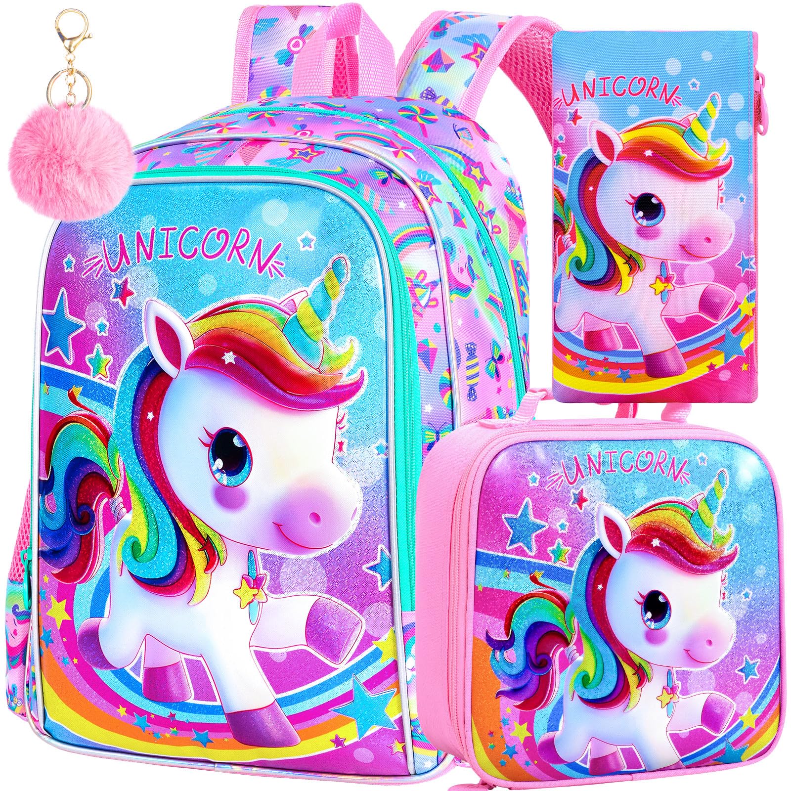 WZLVO 3PCS Kids Backpack for Girls, 16'' Girls Unicorn Backpacks with Lunch Box, Cute Animal Water Resistant School Bag Set for Elementary