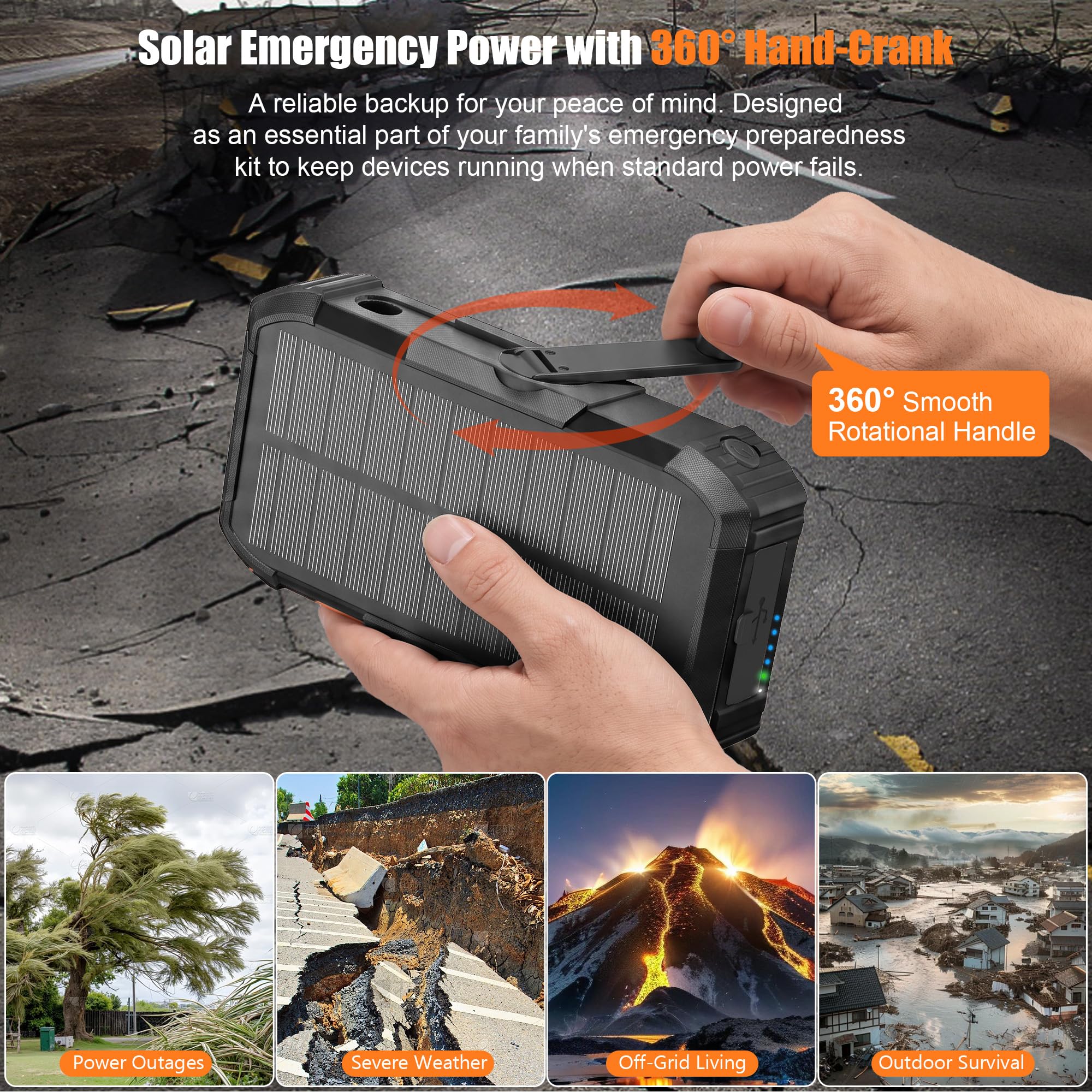 52800mAh Power Bank Solare 30W PD Caricabatterie Portatile a Manovella con Cavo Retrattile e Adattatore Lightning, 4 Uscite, Luce LED, Bussola Batteria Esterna per Campeggio ed Emergenza