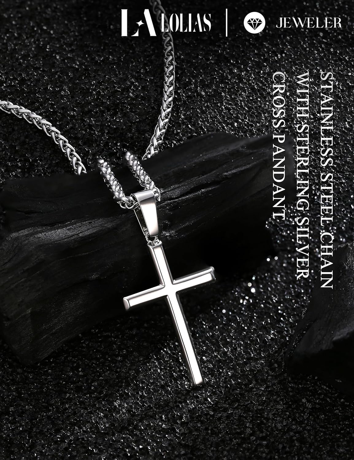 LOLIAS 925 Sterling Silver Cross Necklace Men-Removable Silver Cross Pendant with Hypoallergenic 316L Stainless Steel Wheat Chain Crucifix Necklace Jewelry for Mens Women, 16-30 Inches - Image 2