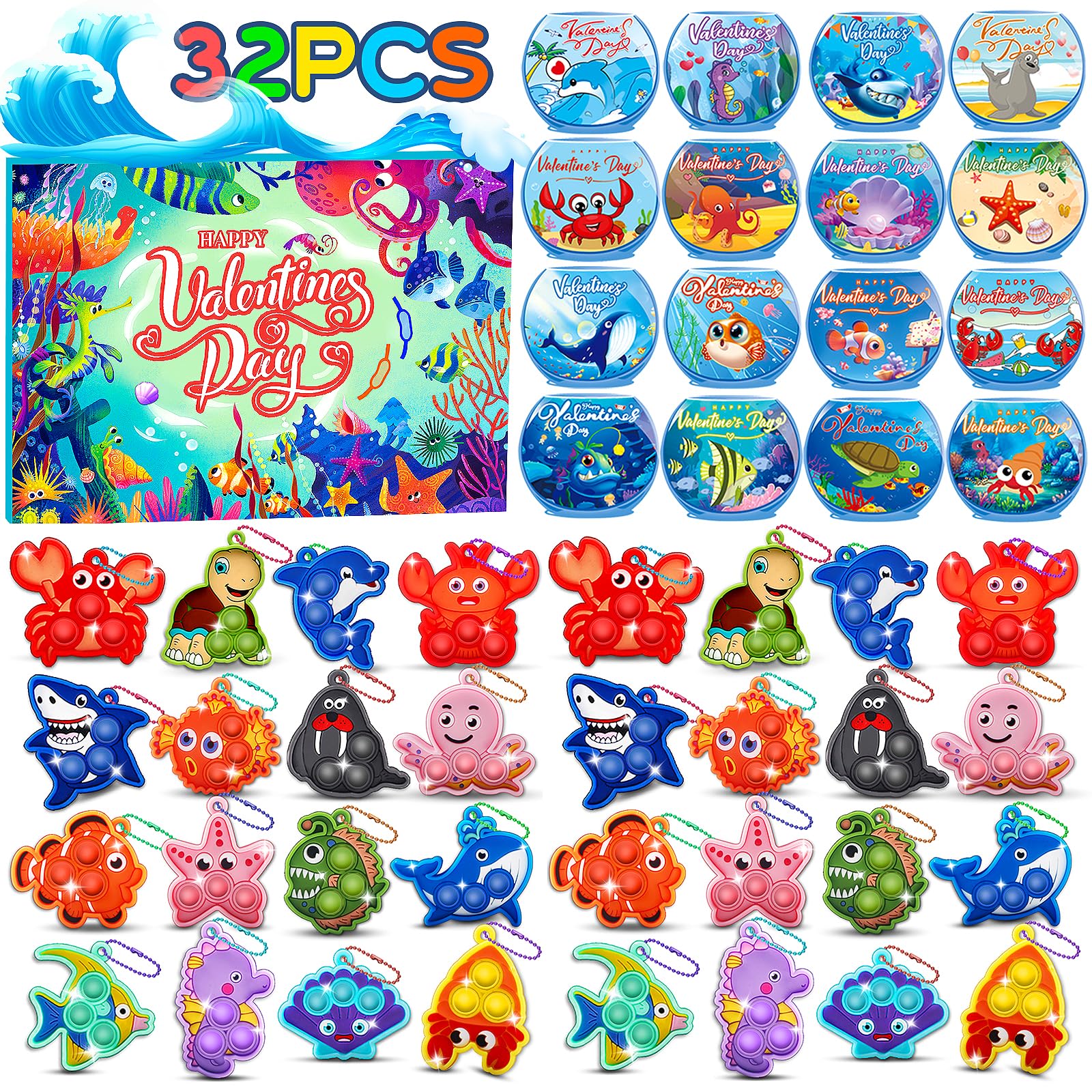 Valentines Gifts for Kids Classroom School, 32 PCS Valentines Cards for Kids with Sea Animal Pop Fidget Toys, Valentines Party Favors, Valentines for Class, Valentines Exchange Gifts for Boys Girls