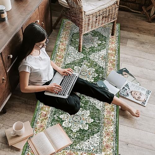 Miniatura 4 de Ileading Alfombra vintage para pasillo, lavable a máquina, con parte trasera de goma, antideslizante, para dormitorio, sala de estar (verde, 2 x 6