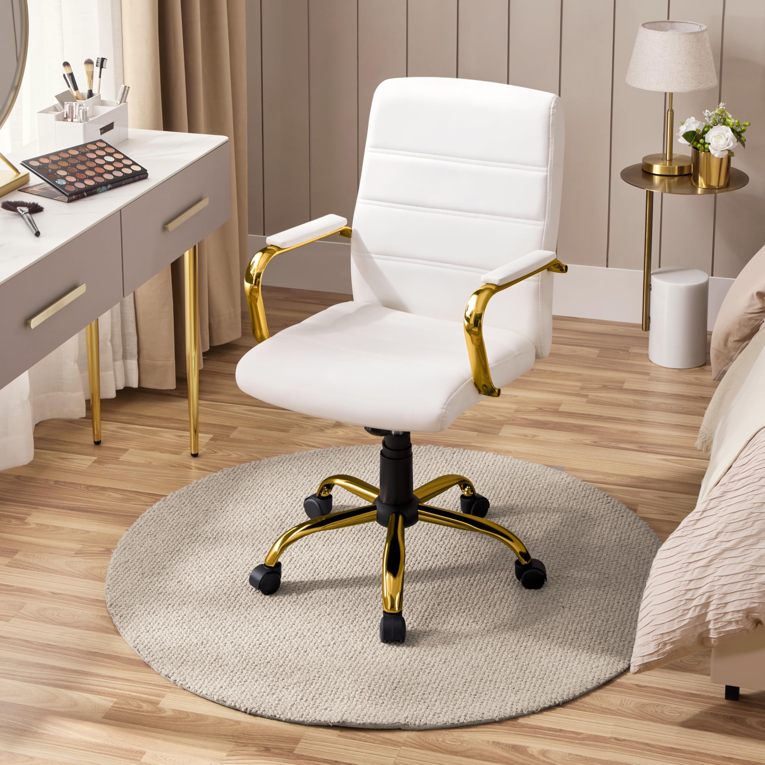 Yaheetech Schreitischstuhl Home-Office Stuhl mit Armlehnen Weiß/Golden | Ergonomisch Bürostuhl Drehstuhl mit Rollen Arbeitsstuhl mit Rückenlehne für Büro/ Arbeitszimmer
