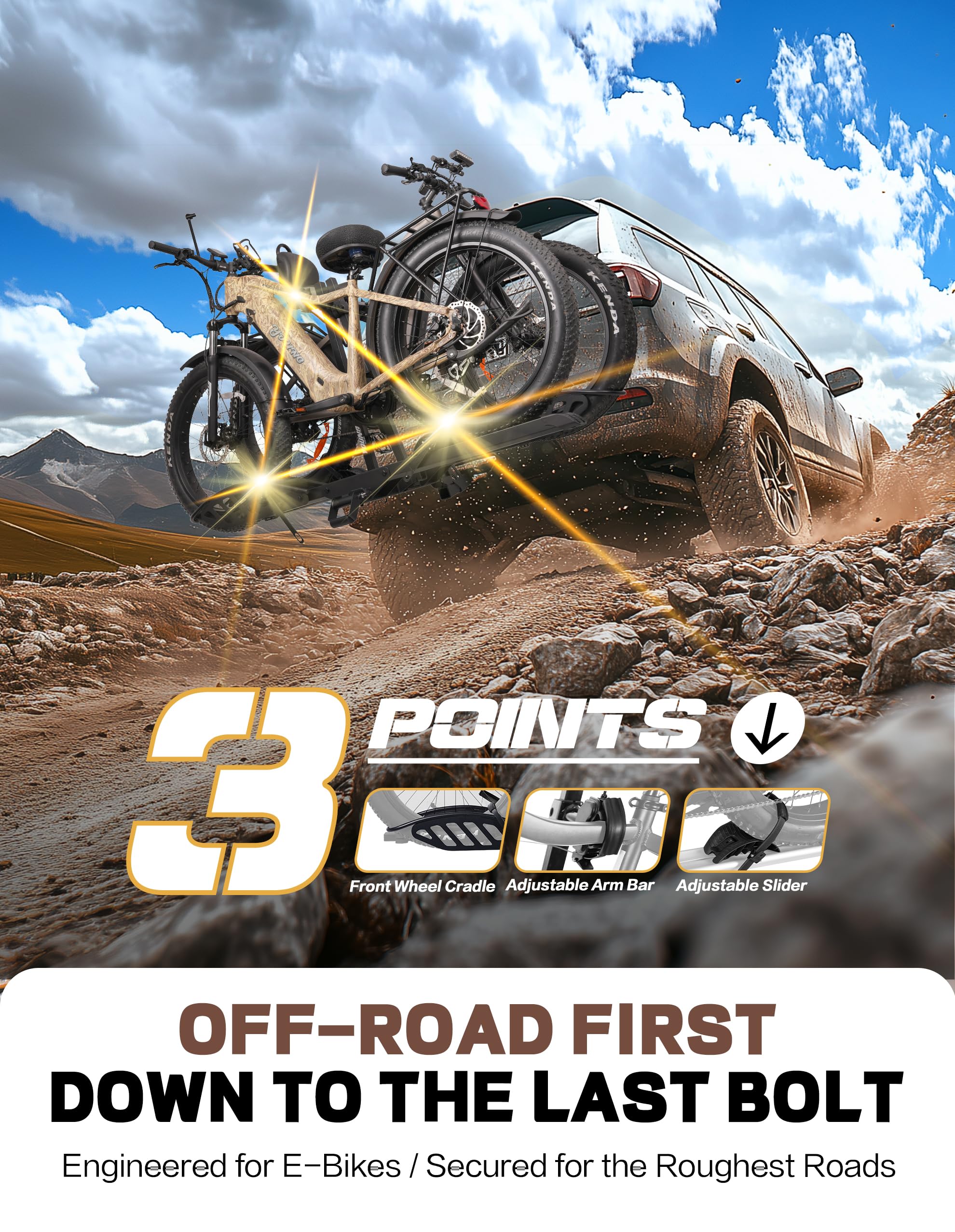 E-Bike Rack with Ramp, Hitch 2 Bike Rack, 200 lbs Capacity Electric Bike Carrier, Foldable Platform Mount for Cars, Trucks, SUVs, Minivans, Up to 5-Inch Fat Tire for 2'' Receiver