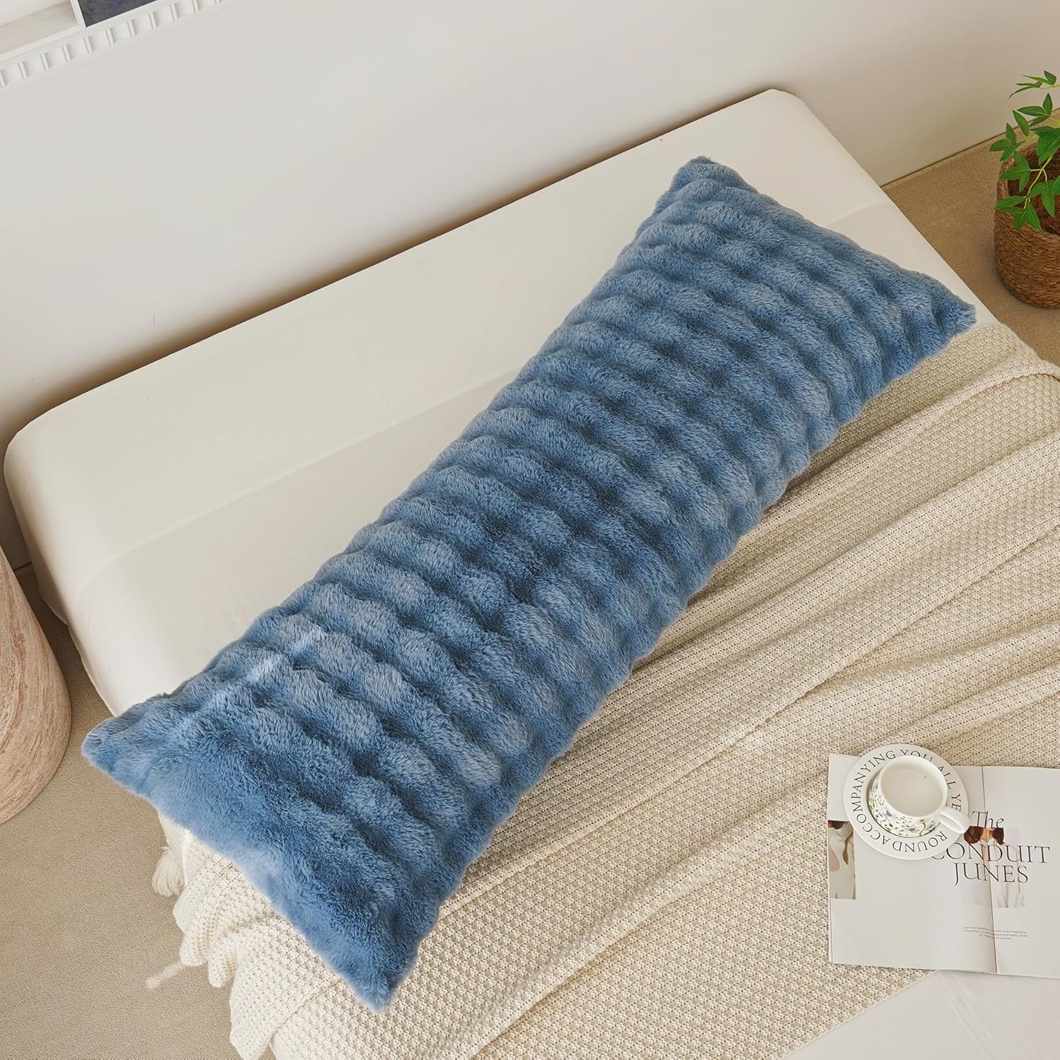 Full Body Pillow with Fluffy Bubble Waffle Carved Faux Fur Removable Cover, Long Bed Pillow Adult 20x54 Inches for Side Sleeper and Pregnancy, Dusty Blue.