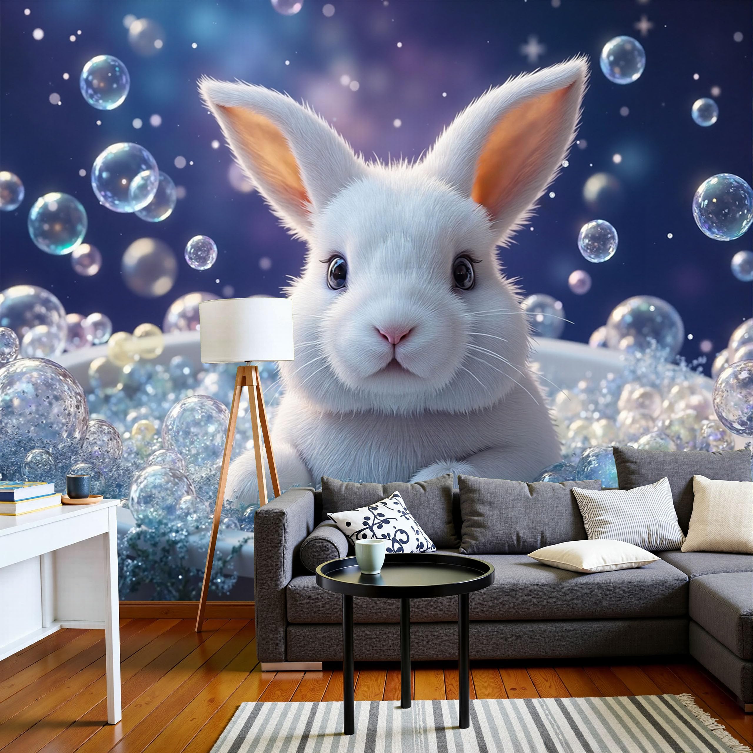 Papier Peint 3D Lapin Fantastique Bleu Indigo 450X315Cm pour Salon