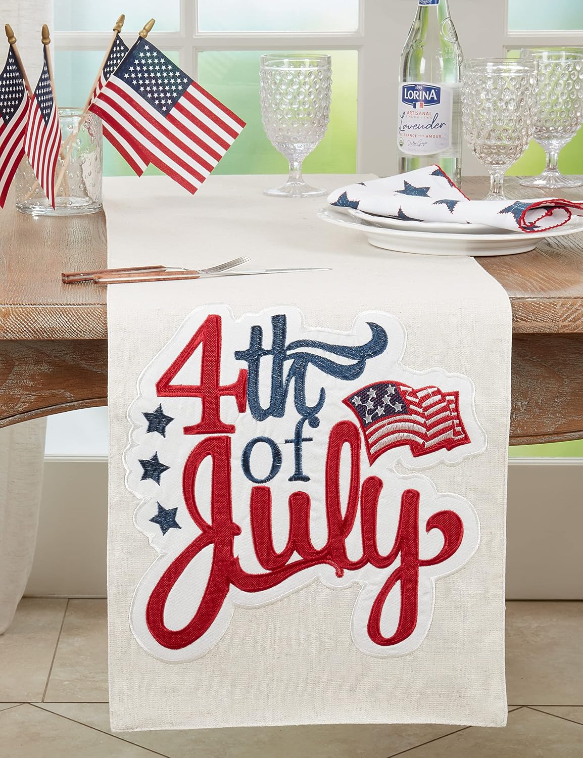 SARO LIFESTYLE Maverick Collection 4th of July Table Runner, 14"x72", Natural