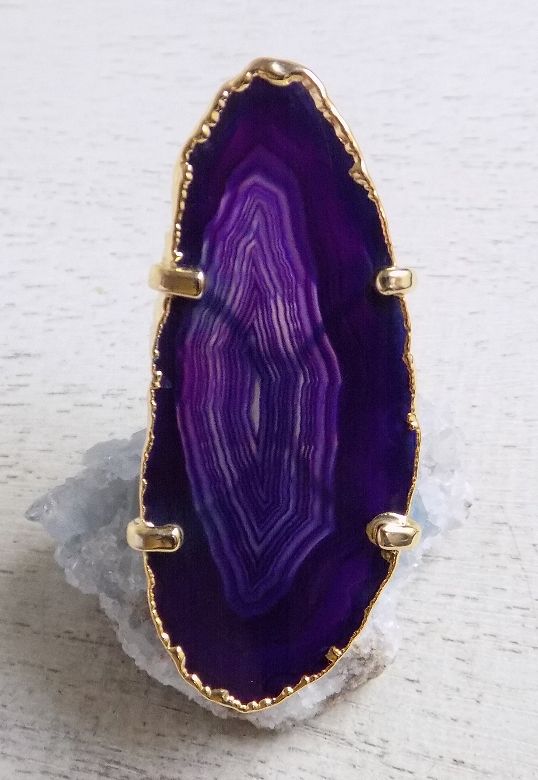 Agate Ring Purple Agate Slice Geode Crystal Large Gemstone Gold Adjustable Statement Ring G14-32