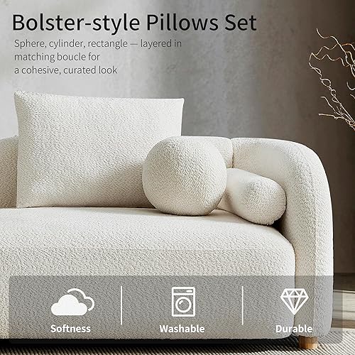 Miniatura 6 de Moderno sofá curvado Sherpa Boucle de 3 plazas, cómodo sofá nube con patas de madera y almohadas, sofás minimalistas para sala de estar,