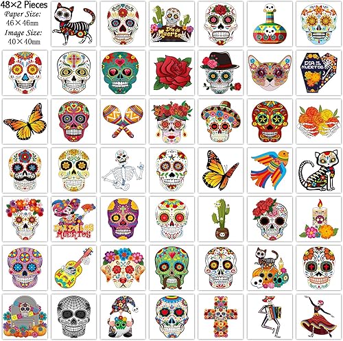 Miniatura 3 de DPKOW 96 piezas de tatuajes temporales del Día de los Muertos para niños, tatuajes de Día de los Muertos, impermeables, para festivales mexicanos,