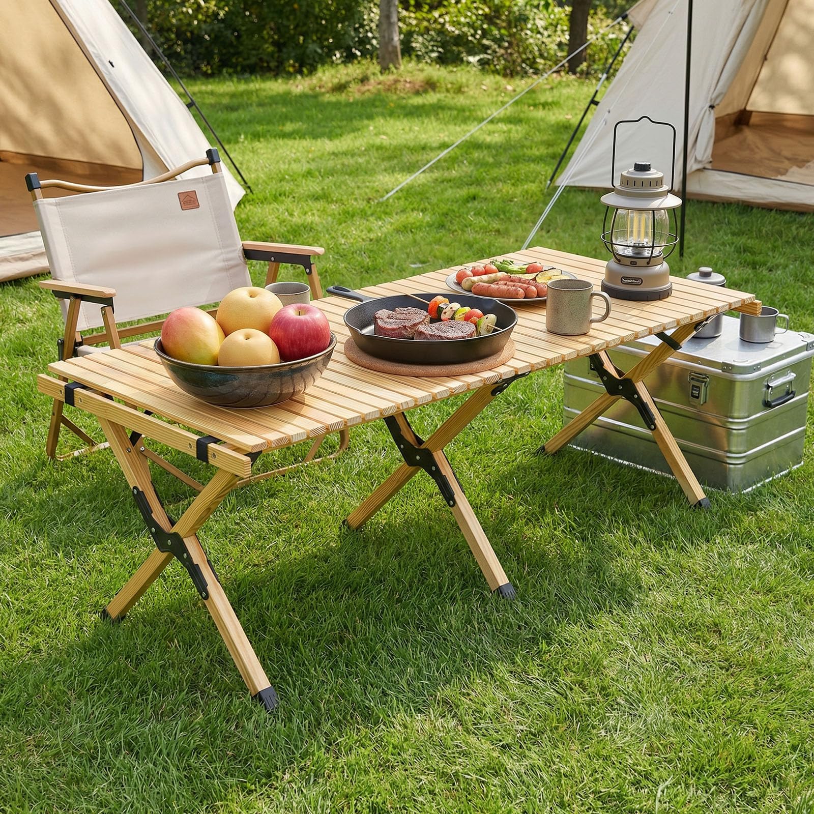 SOARS Tavolo da Campeggio Pieghevole 4-6 Posti, Tavolino Picnic con Piano Arrotolabile in Legno, Tavolo da Esterno Salvaspazio, con Borsa Trasporto, da Giardino, BBQ, Parco, 122 x 60 cm (Naturale)